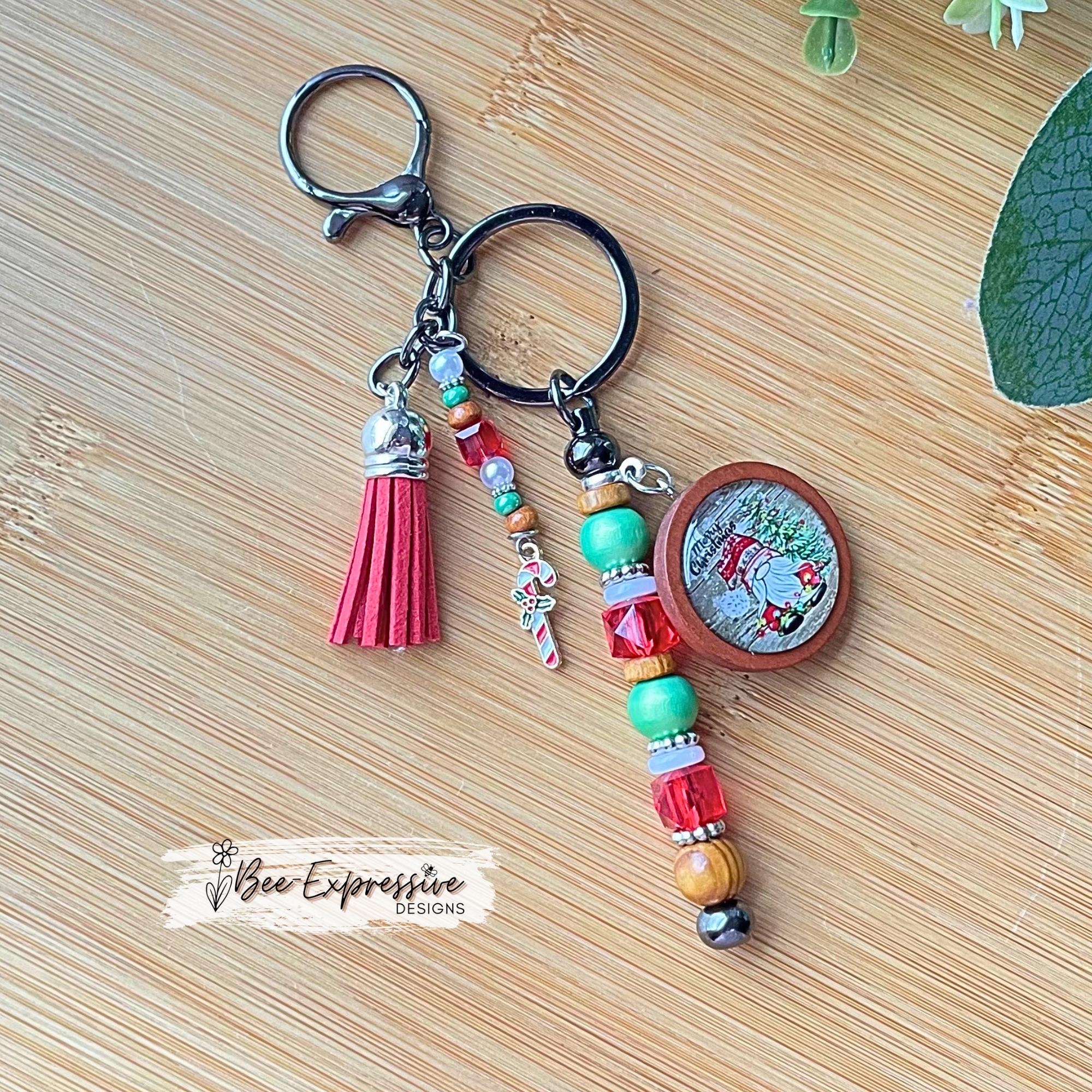 Santa Gnome Keychain: Beaded Tassel, Candy Cane Charm