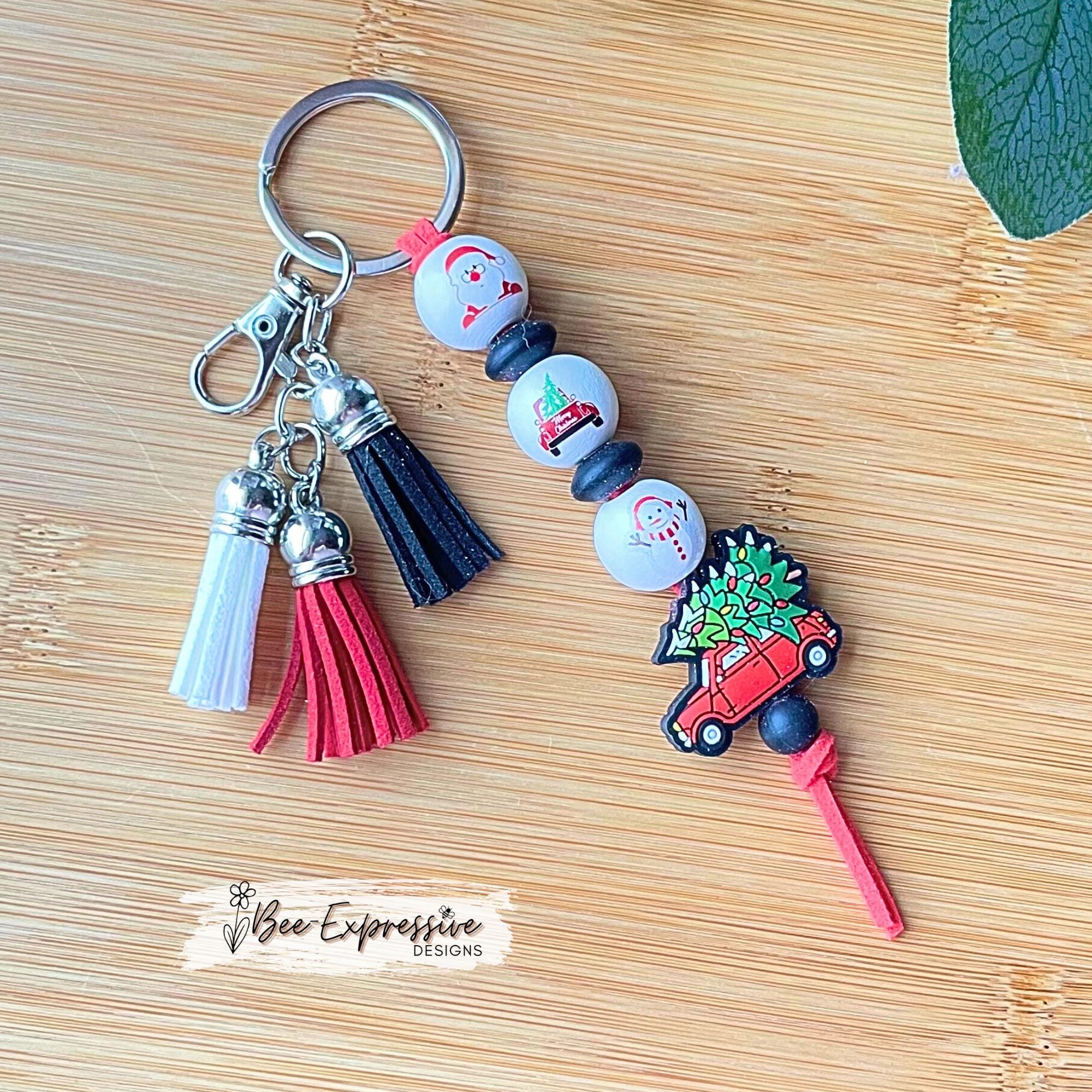 Handmade, Christmas keychain! Lobster or swivel clasp, silicone red truck bead, Christmas beads