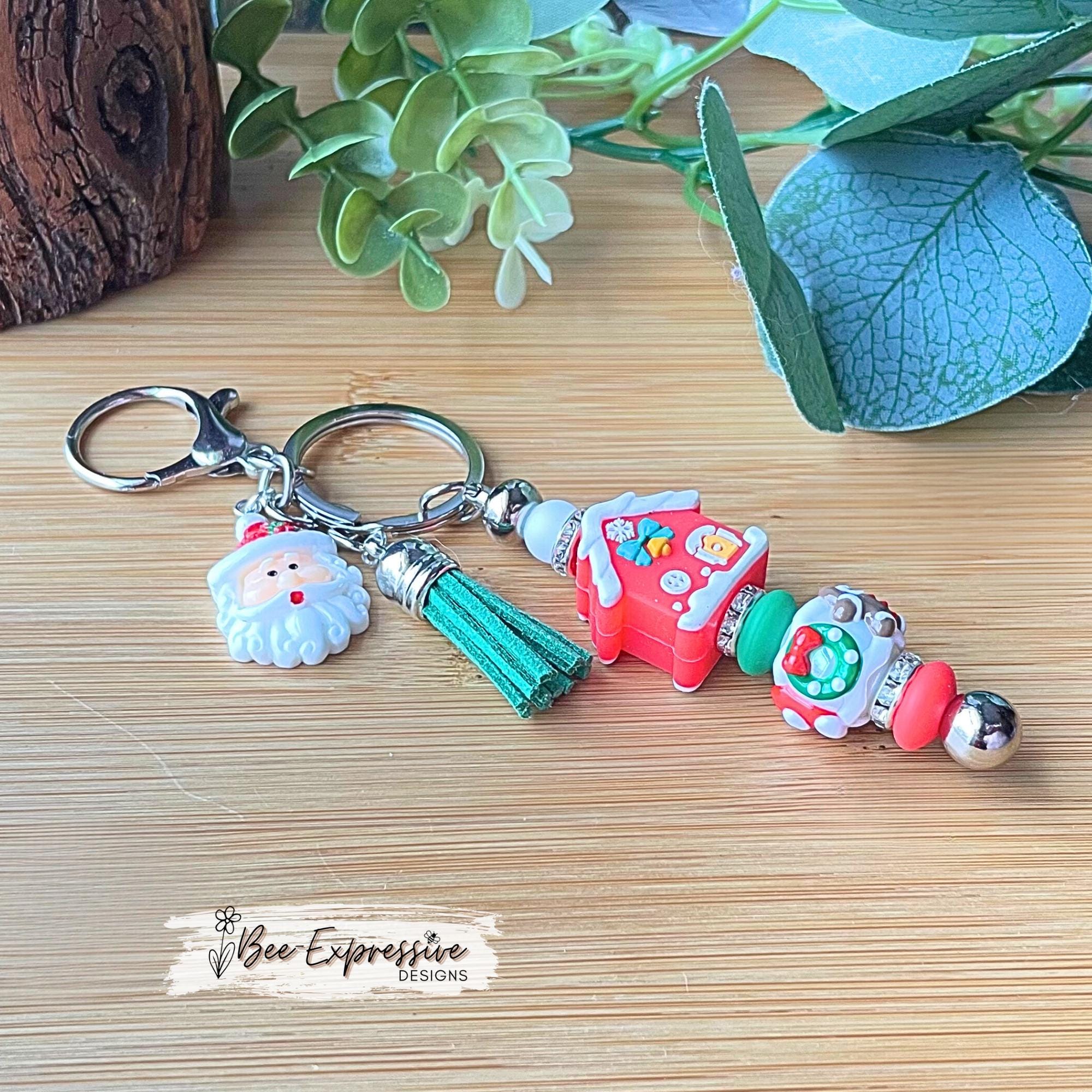 GINGERBREAD house keychain! Lobster or swivel clasp, metal bar, lampwork bead, rhinestone spacers, beaded tassel with acrylic Santa charm!