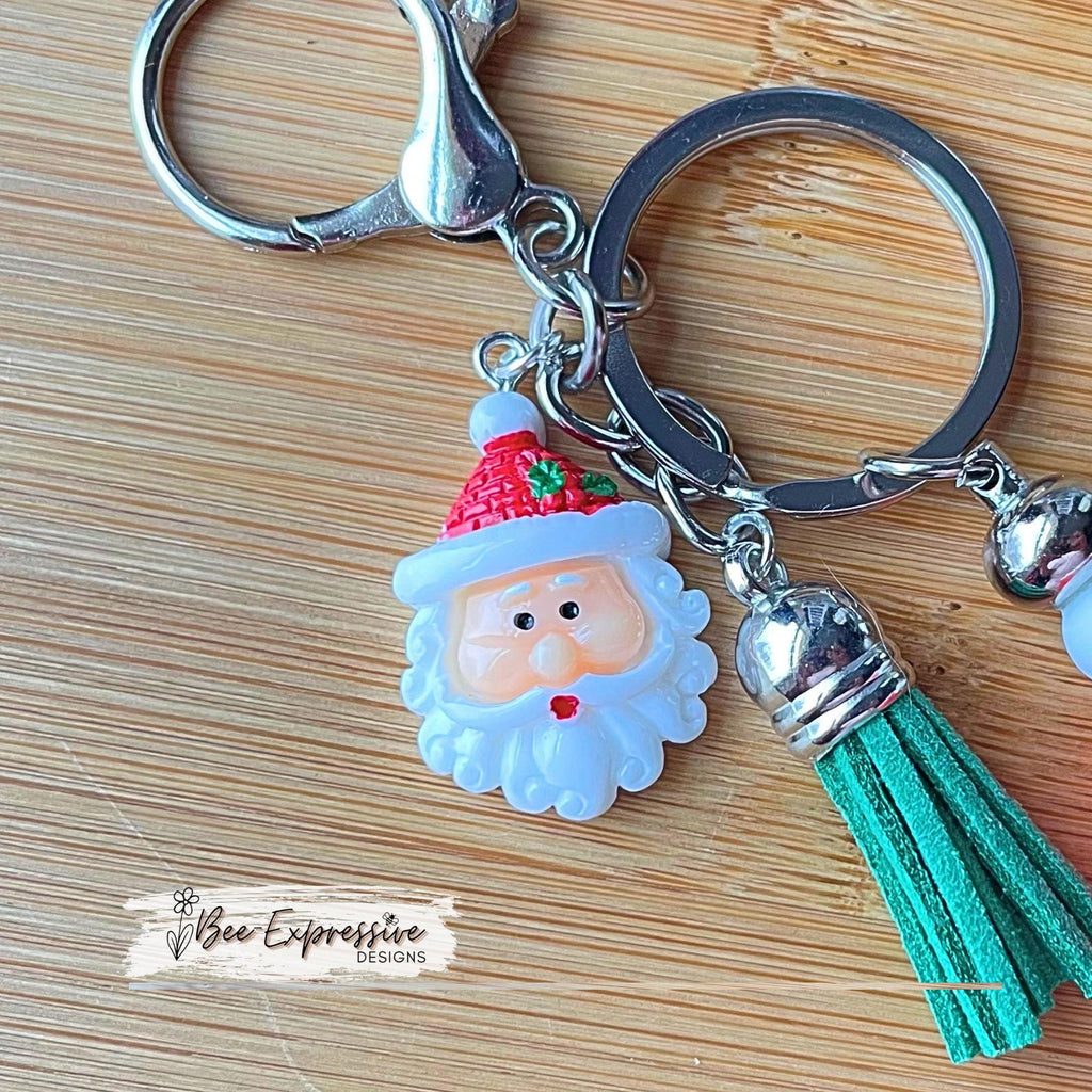 GINGERBREAD house keychain! Lobster or swivel clasp, metal bar, lampwork bead, rhinestone spacers, beaded tassel with acrylic Santa charm!