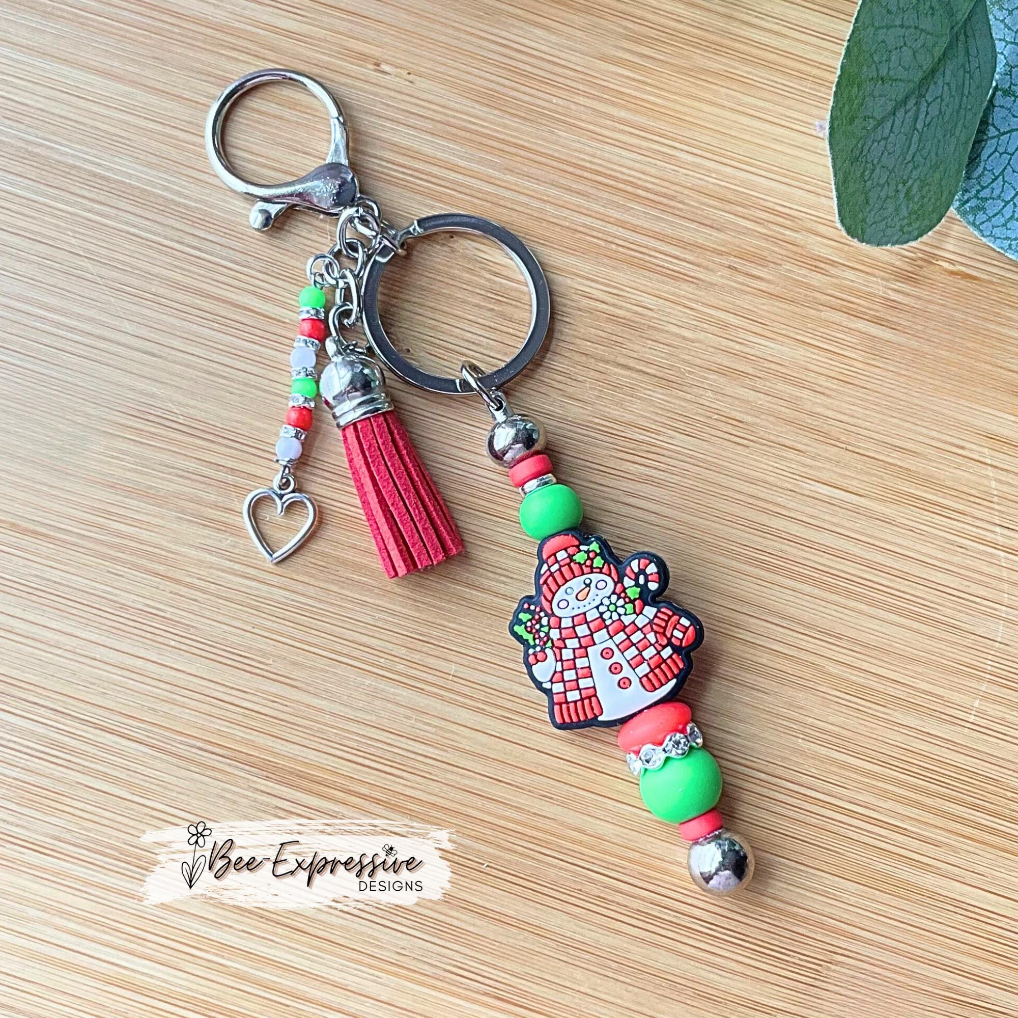 Christmas Snowman Beaded Keychain, Heart Charm, Beaded Tassel