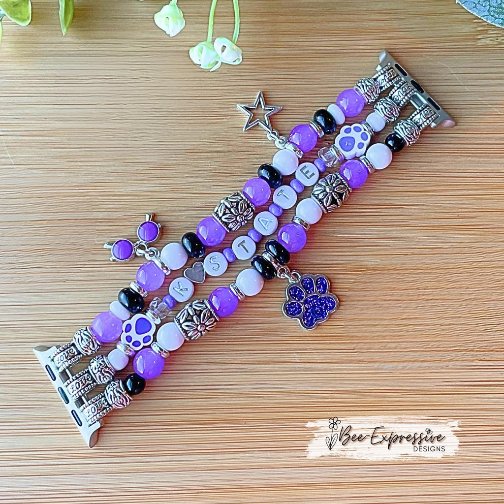 K-STATE Beaded Apple Watch Band: Purple Paw Charms, Custom Fit