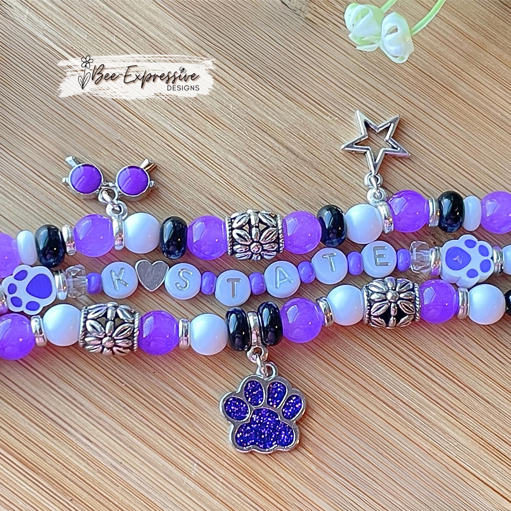 Beautiful, K-STATE inspired, beaded watch band! Acrylic beads, star, purple sunglasses, cat paw charms, paw beads, custom, choose adapter!