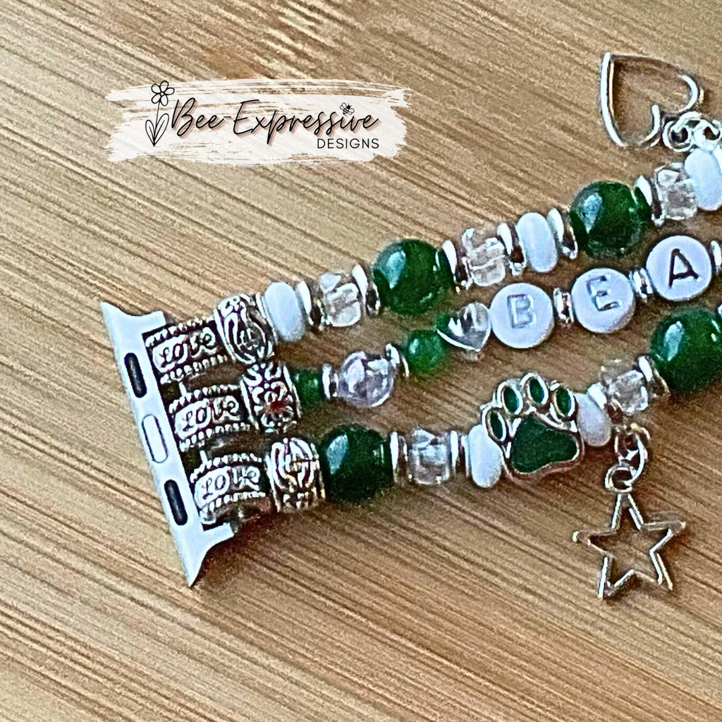 NWMSU, beaded, watch bracelet, band! Acrylic beads, letters, cat paw beads, star heart charms, custom colors and sizes, pick adapter colors