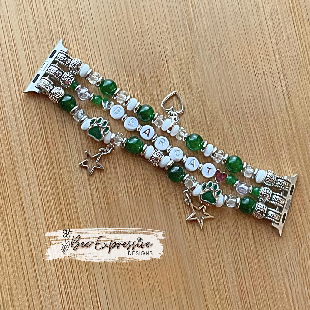 NWMSU, beaded, watch bracelet, band! Acrylic beads, letters, cat paw beads, star heart charms, custom colors and sizes, pick adapter colors