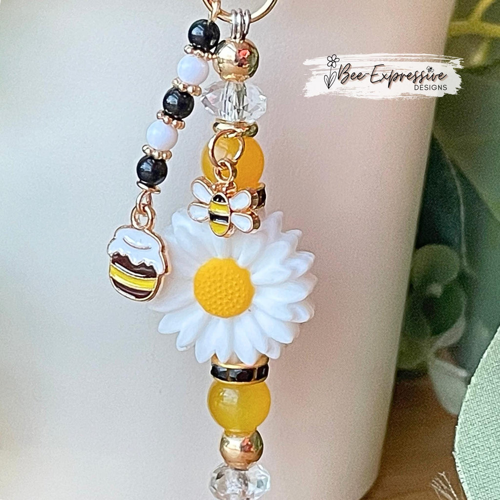 Handmade and fun, tumbler bumble bee, daisy charm chain! Acrylic beads, rhinestone spacers, beaded tassel with honey pot charm pendant!