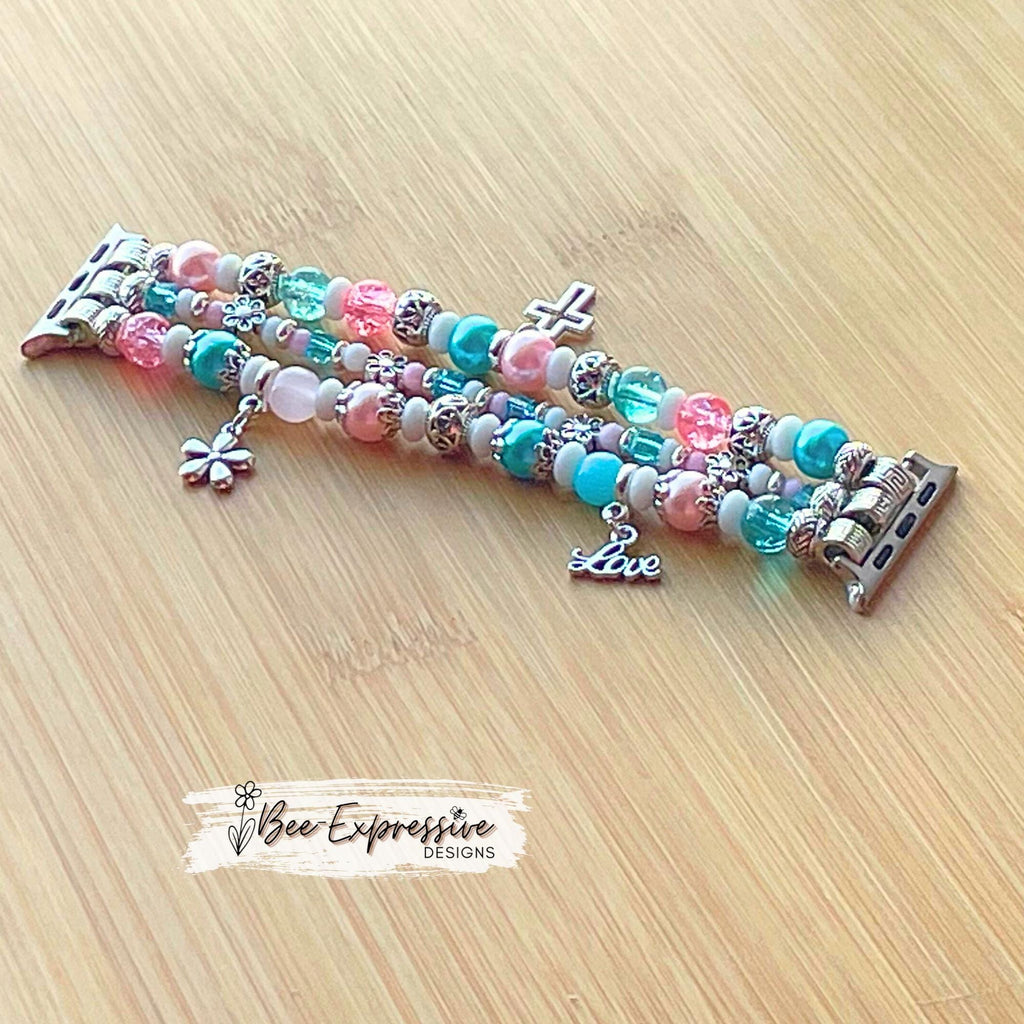 Handmade Beaded Apple Watch Bracelet: Floral Charms, Custom Size