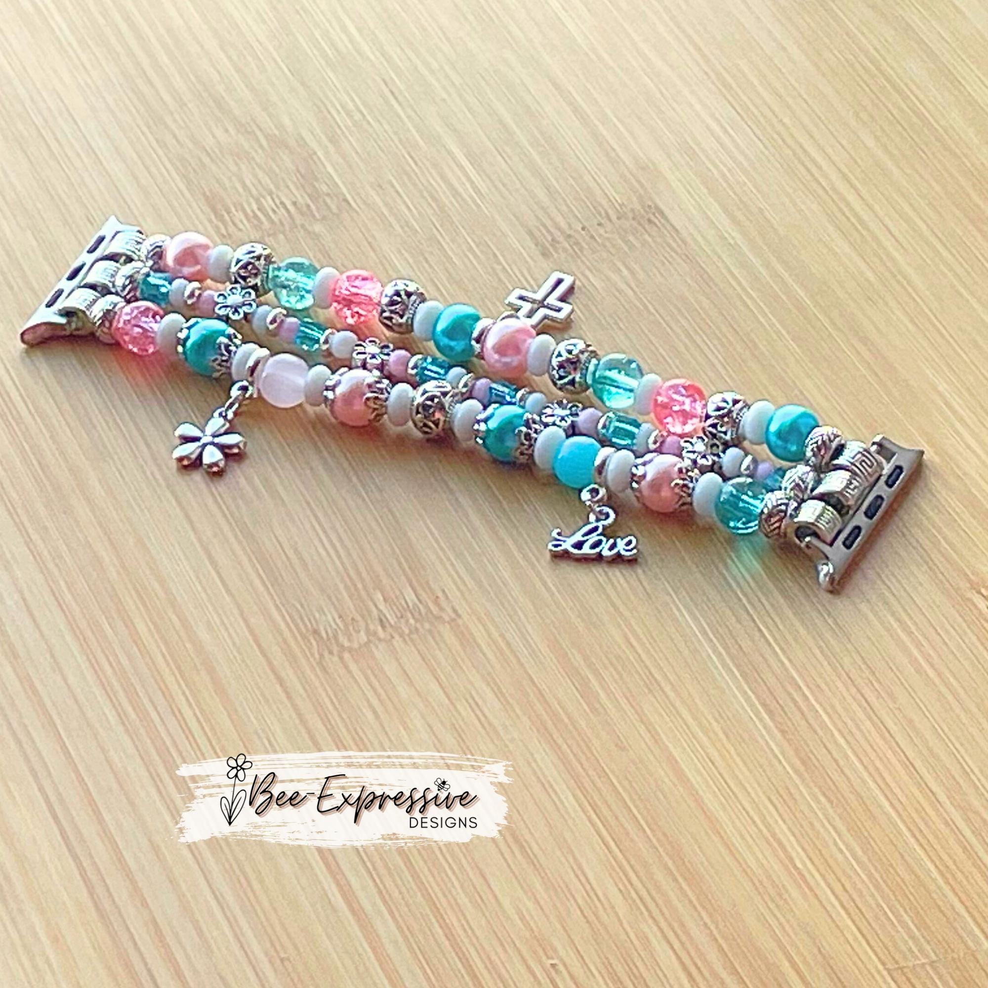 Handmade, beaded watch bracelet for Apple watch face!  3 strands, floral bead caps, 3 charms, flowers, custom sizes, pick adapter color!!