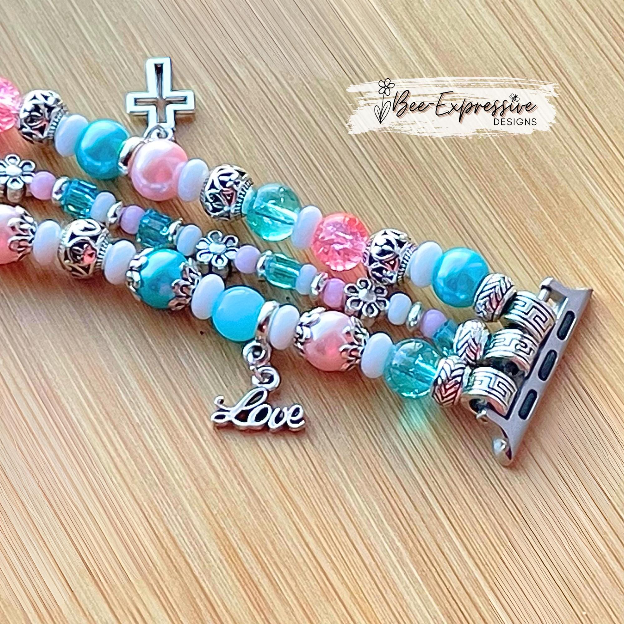 Handmade Beaded Apple Watch Bracelet: Floral Charms, Custom Size