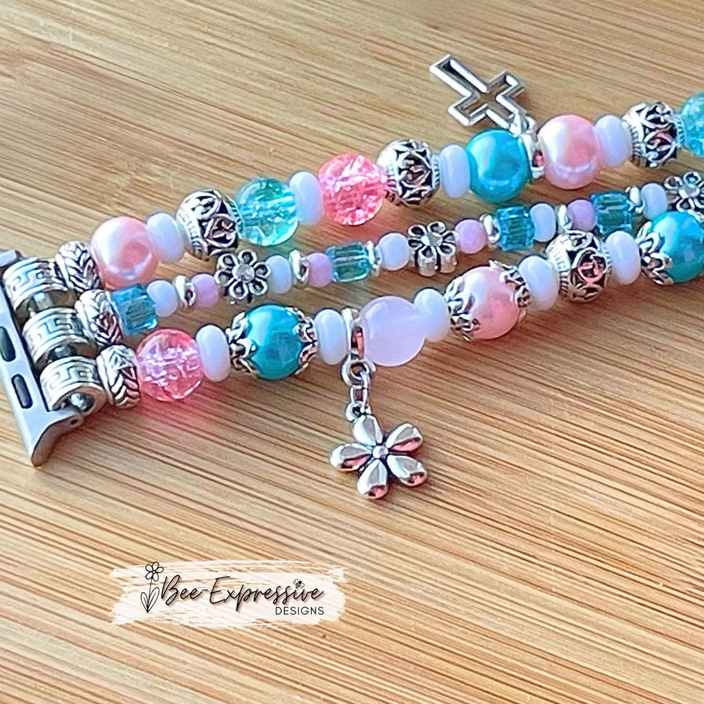 Handmade Beaded Apple Watch Bracelet: Floral Charms, Custom Size