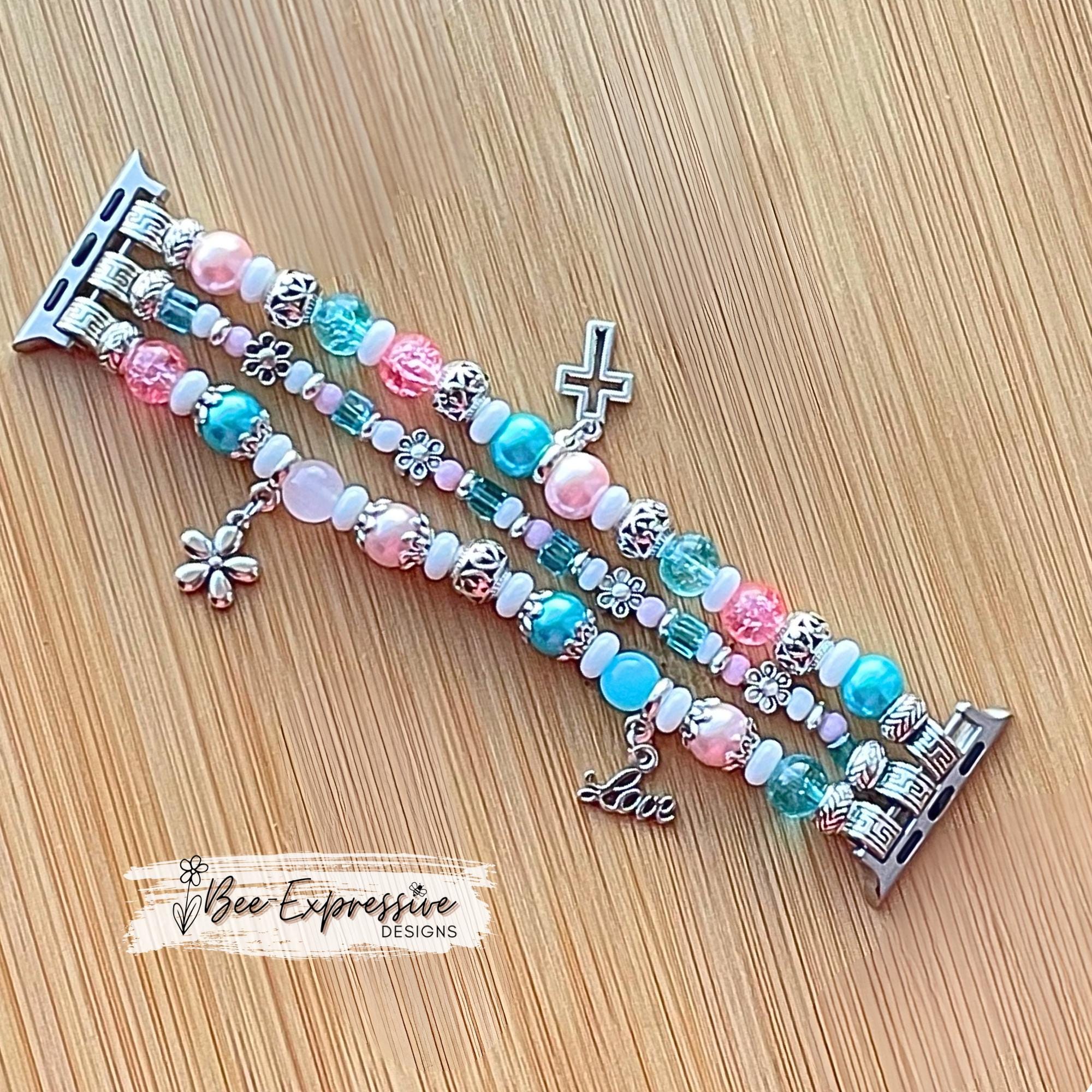 Handmade, beaded watch bracelet for Apple watch face!  3 strands, floral bead caps, 3 charms, flowers, custom sizes, pick adapter color!!