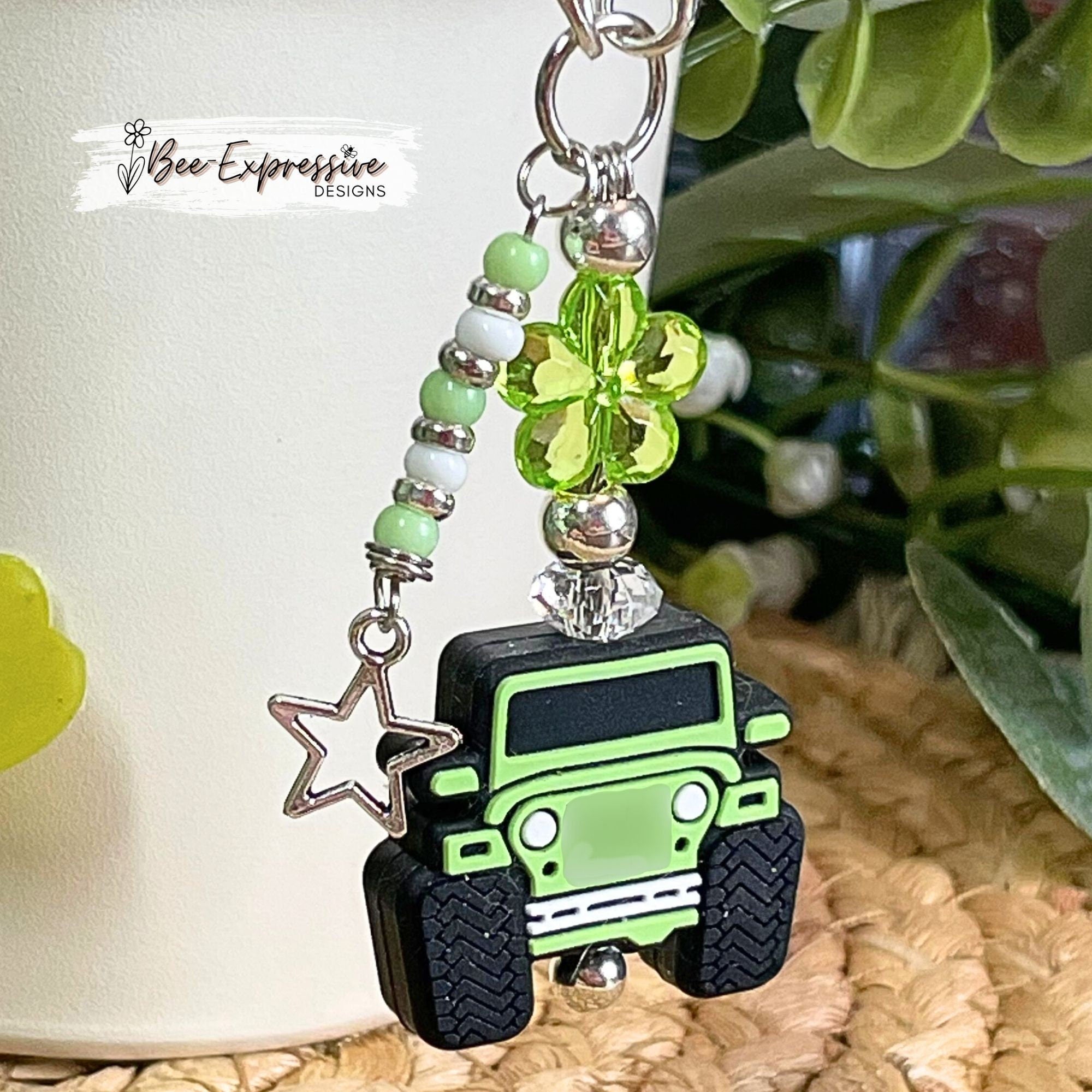 Handmade, green 4x4 vehicle charm chain for tumbler!  Acrylic flower, lobster claw clasps, beaded tassel, metal star charm pendant