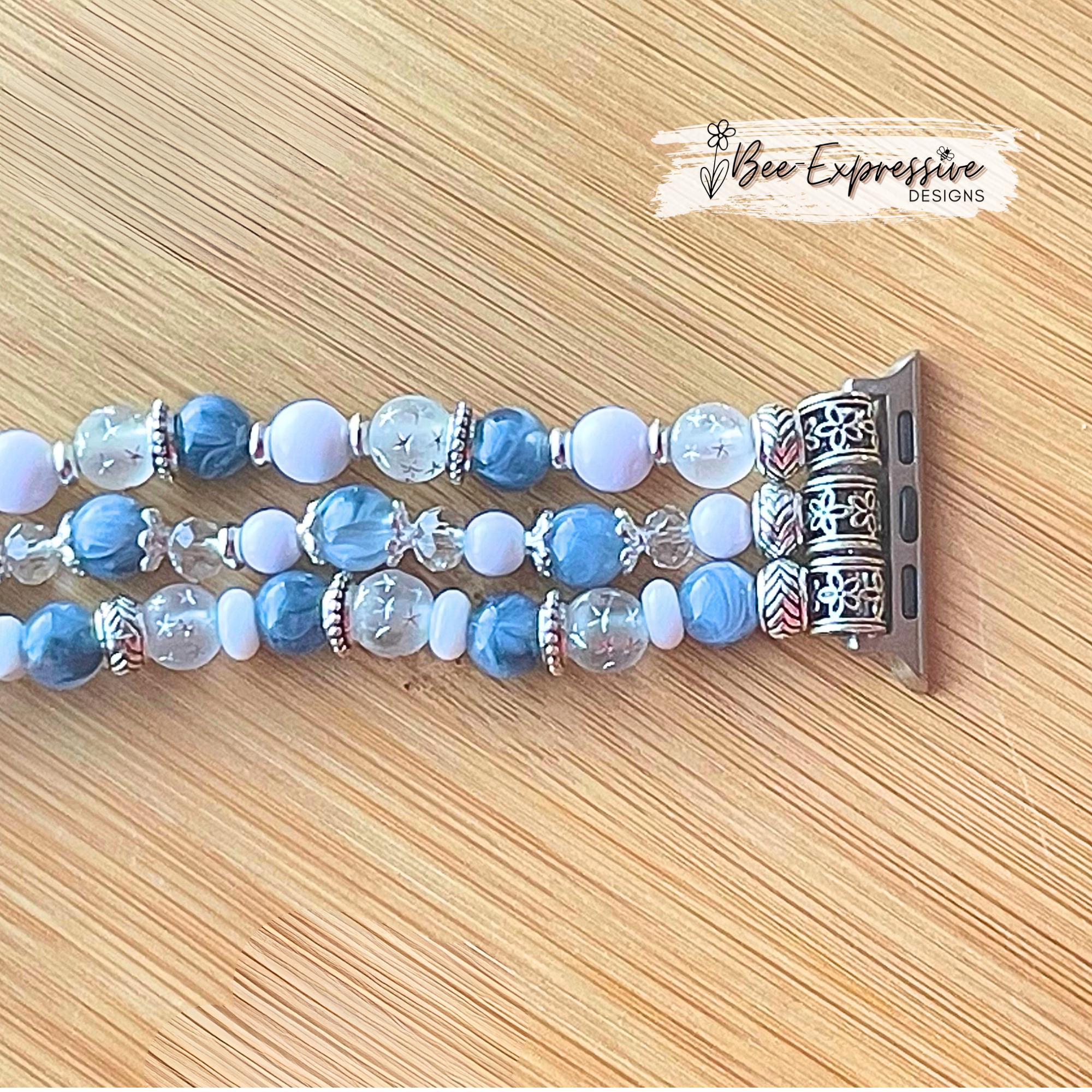 Beaded, baby BLUE, WHITE, SILVER acrylic beaded, watch bracelet! Acrylic & glass beads, floral bead caps, custom sizes, pick adapter color!