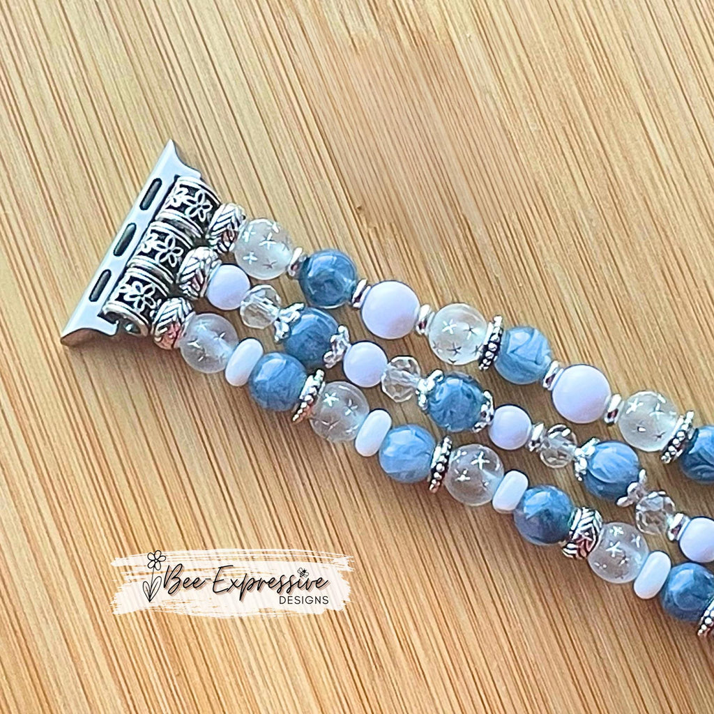 Beaded Apple Watch Bracelet, Blue White Silver, Custom Size