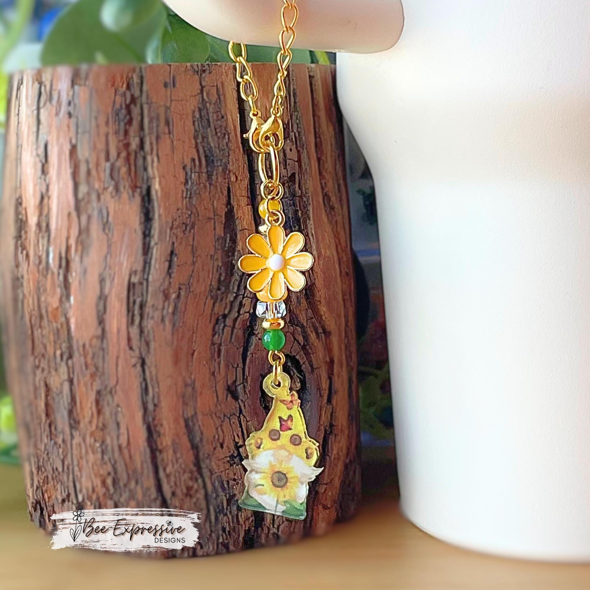 Sunflower Gnome Tumbler Charm: Daisy Flower, Gold Chain