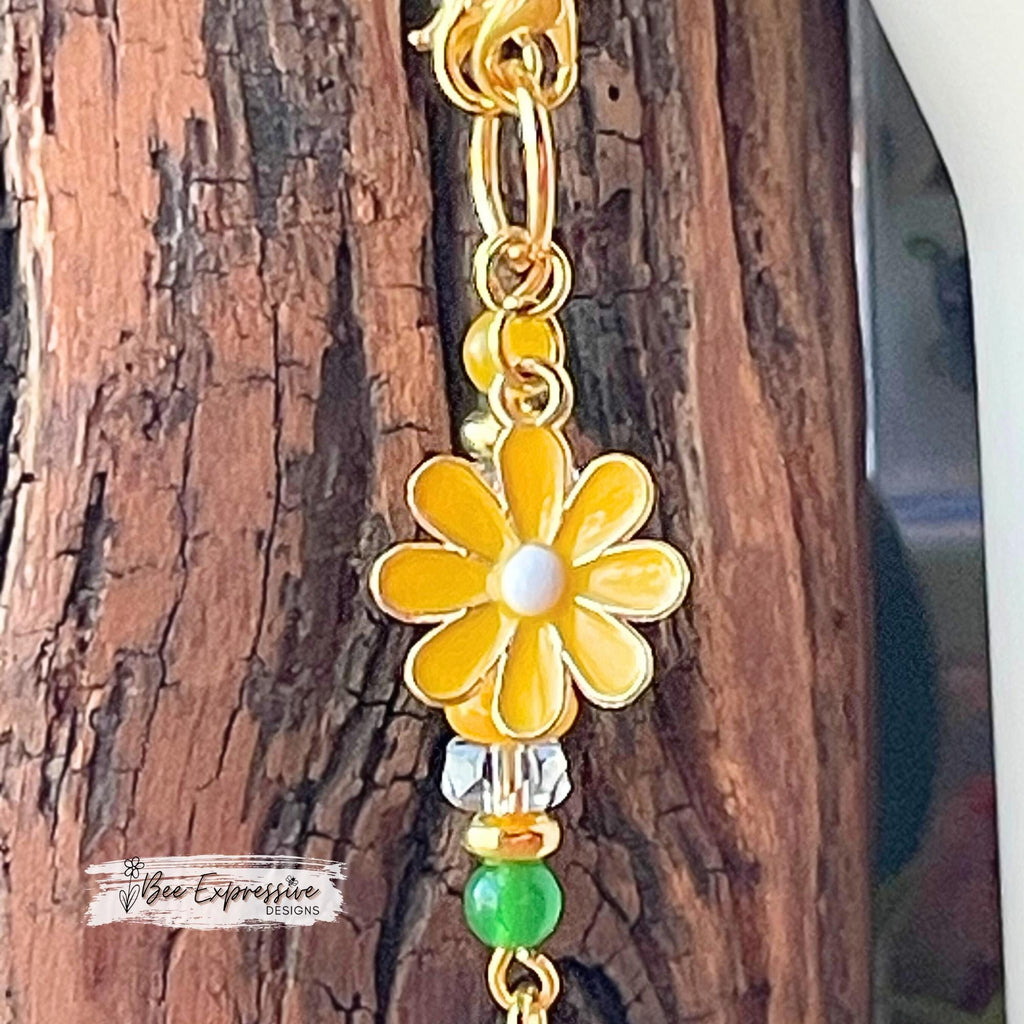 GNOME, sunflower, tumbler charm chain! Lobster clasps, gold toned, metal daisy flower charm, sunflower acrylic gnome charm, & acrylic beads
