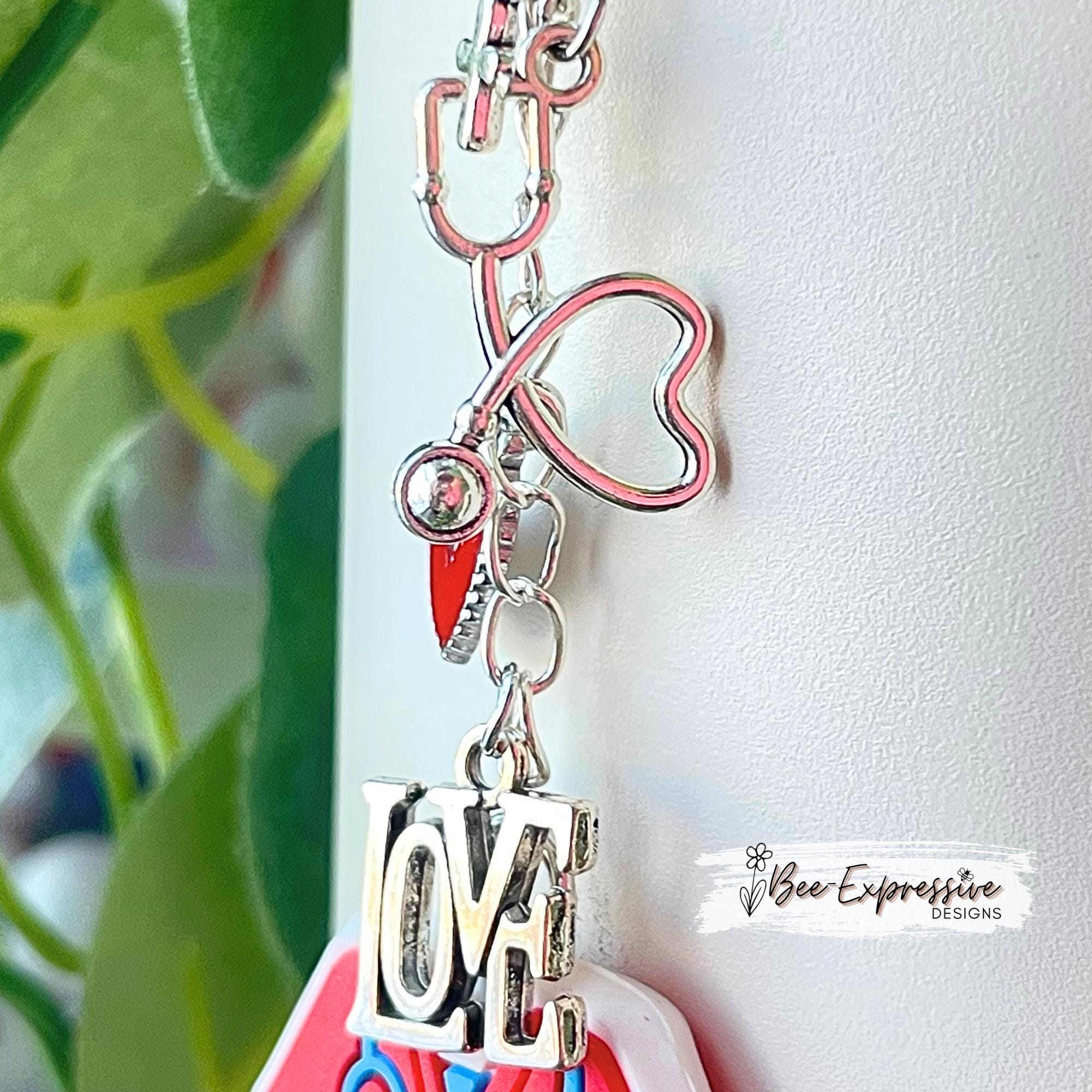 Certified nurse, silicone scrub, tumbler charm chain accessory or rearview mirror! Lobster clasp, a cross/stethoscope/heart/word LOVE/charms