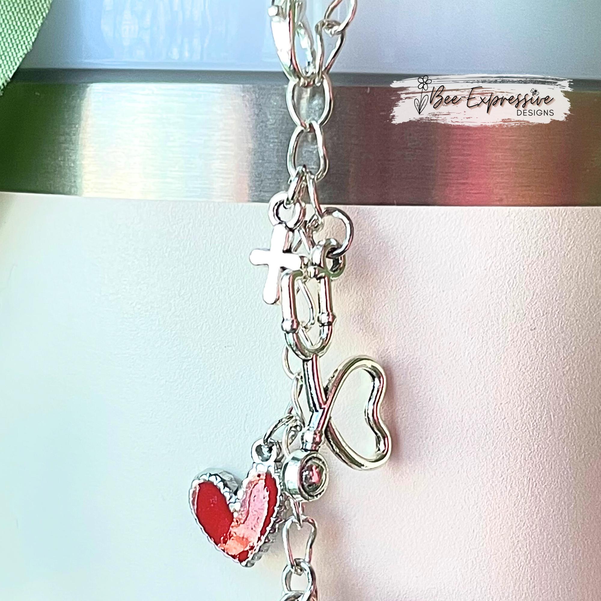 Certified nurse, silicone scrub, tumbler charm chain accessory or rearview mirror! Lobster clasp, a cross/stethoscope/heart/word LOVE/charms