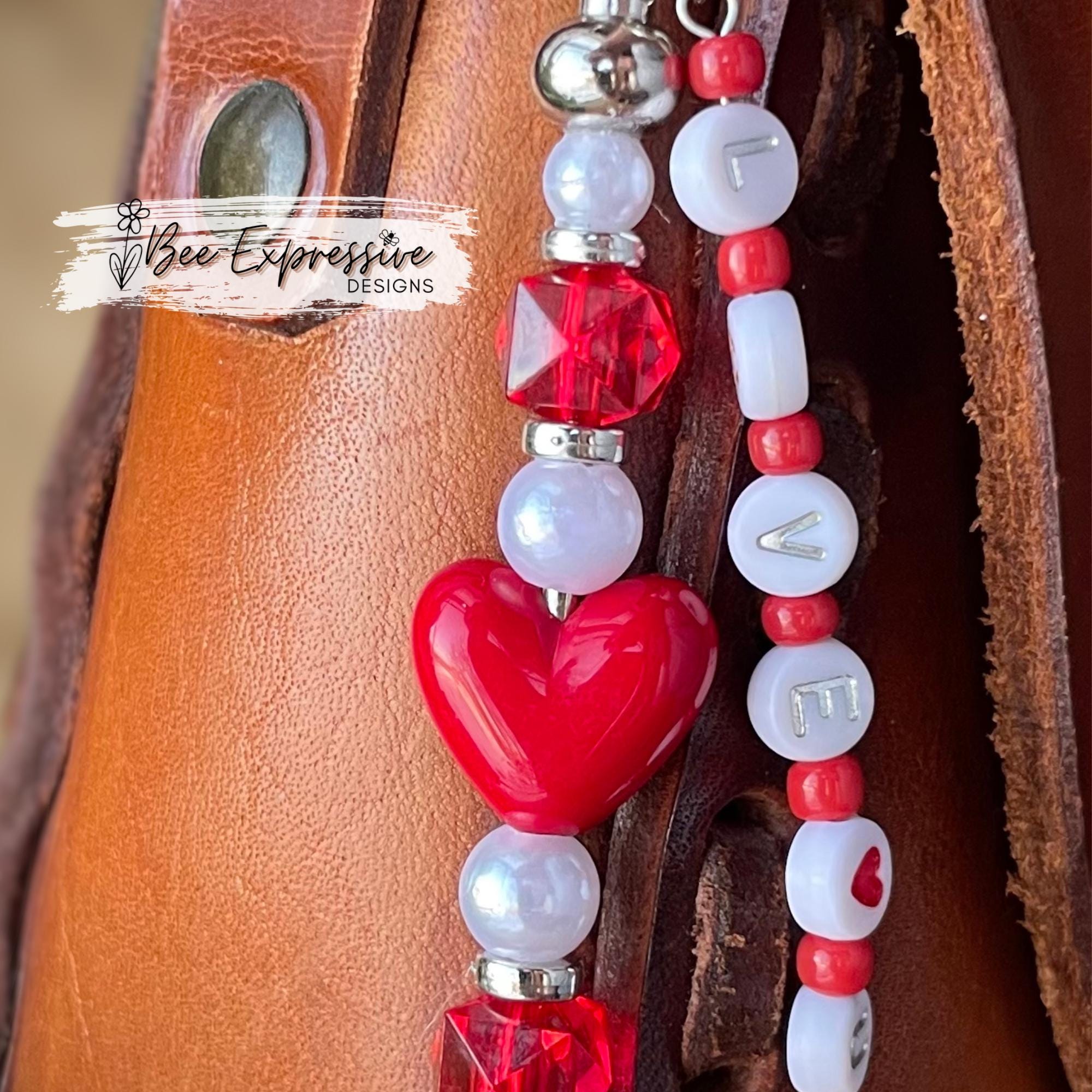 Beaded, LOVE, bag charm chain! Swivel clasp, bead bar, acrylic heart bead, imi tation pearl, silver spacers, beaded tassel, heart charm!