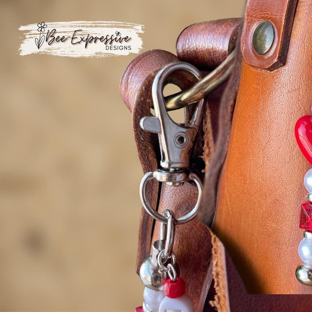 Beaded, LOVE, bag charm chain! Swivel clasp, bead bar, acrylic heart bead, imi tation pearl, silver spacers, beaded tassel, heart charm!