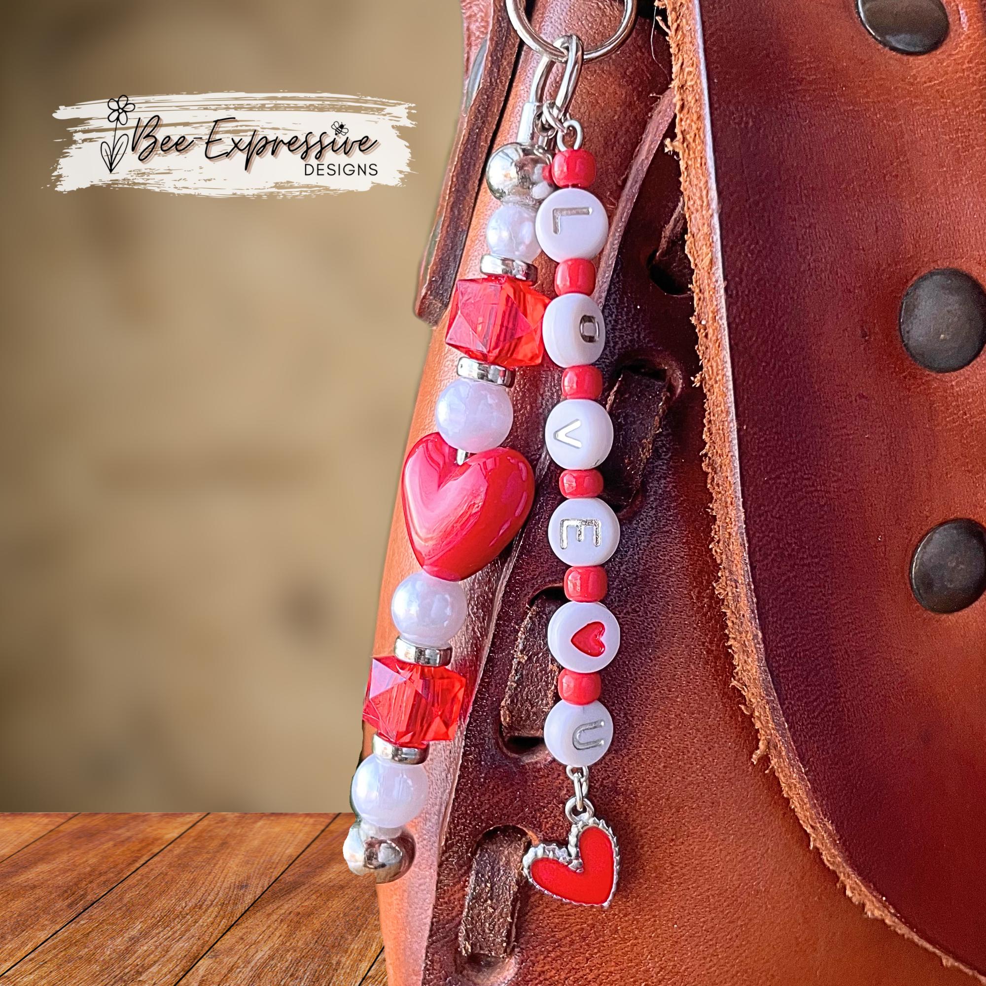 Beaded, LOVE, bag charm chain! Swivel clasp, bead bar, acrylic heart bead, imi tation pearl, silver spacers, beaded tassel, heart charm!