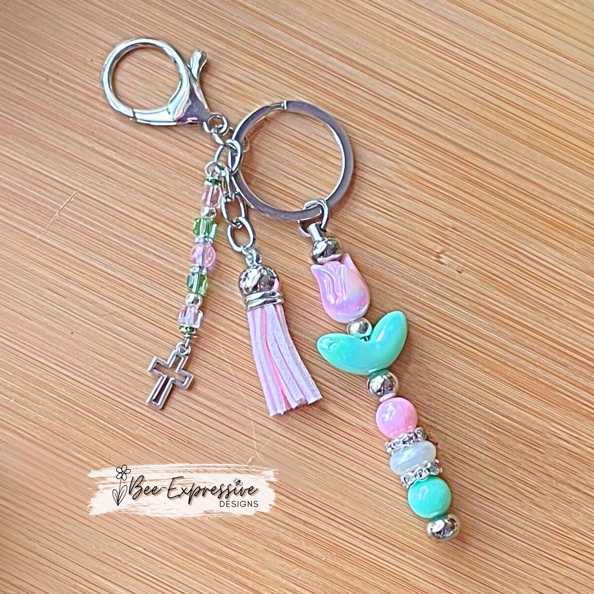 Beautiful, handmade TULIP keychain with iridescent beads! Lobster or swivel clasp, rhinestone spacers, beaded tassel with metal cross charm!