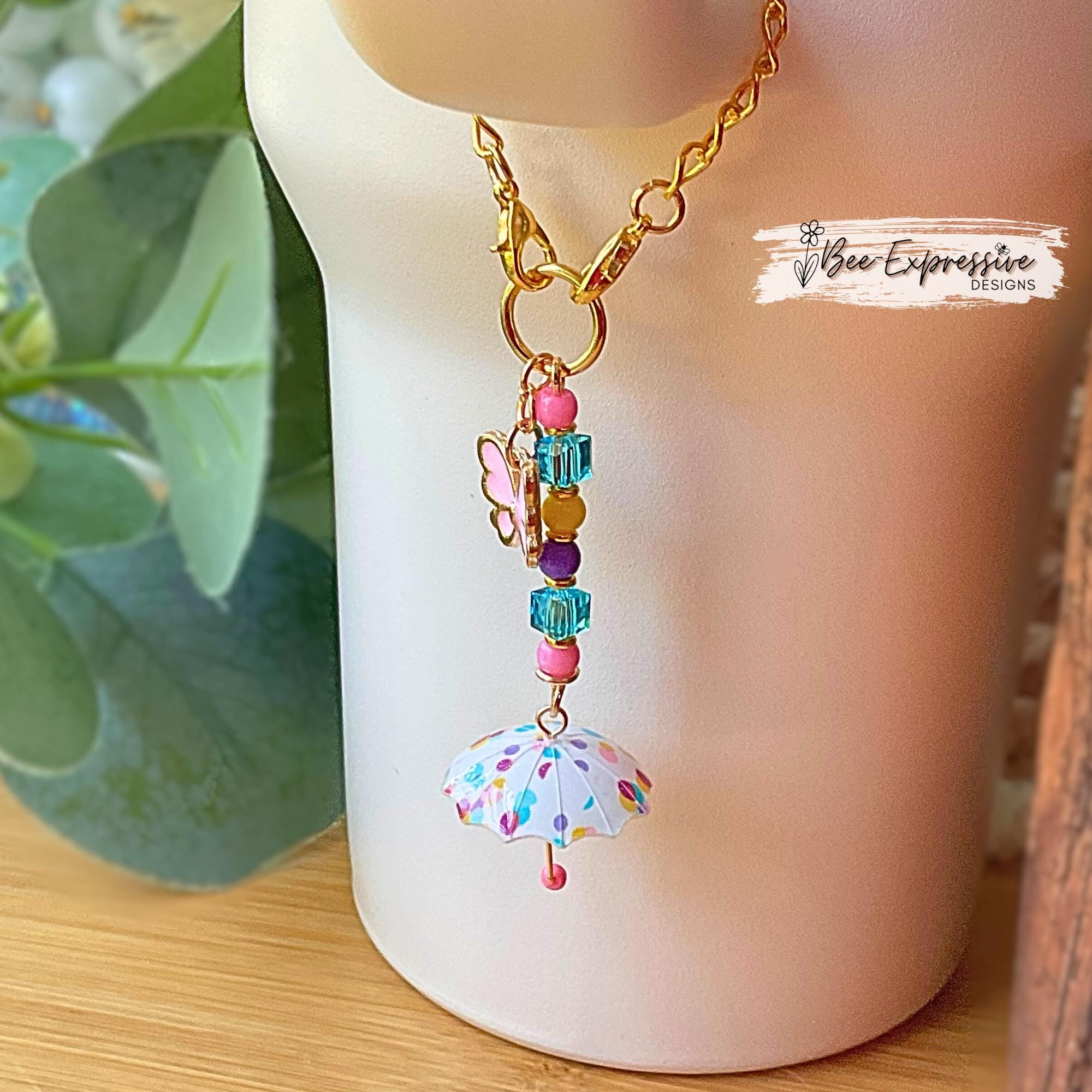 Handmade, Umbrella, Stanley Tumbler Charm Chain: Pink Butterfly Charm, Turquoise Beads