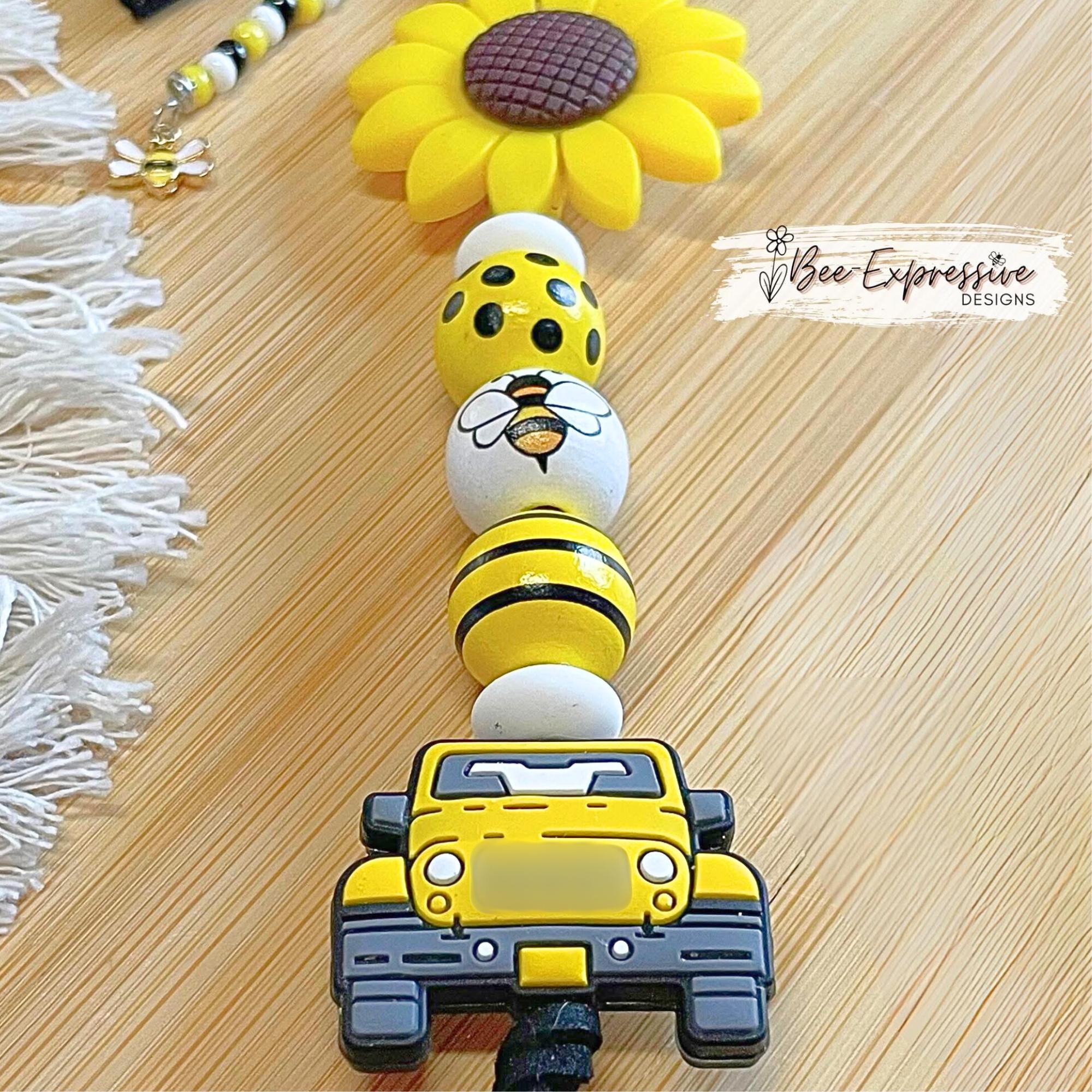Beaded, BEE 4x4 keychain!  Lobster or swivel clasp, suede cord,  2” silicone sunflower, wood bee beads, beaded tassel with a bumblebee charm