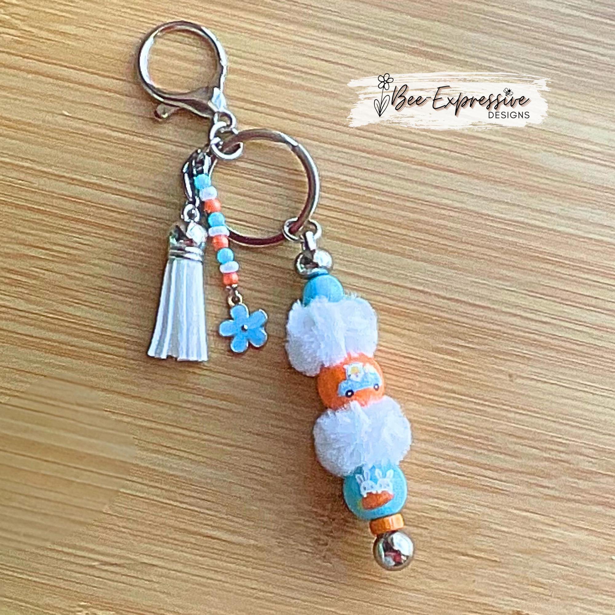 Beaded Easter Keychain: Fuzzy Beads, Wood Print, Daisy Charm