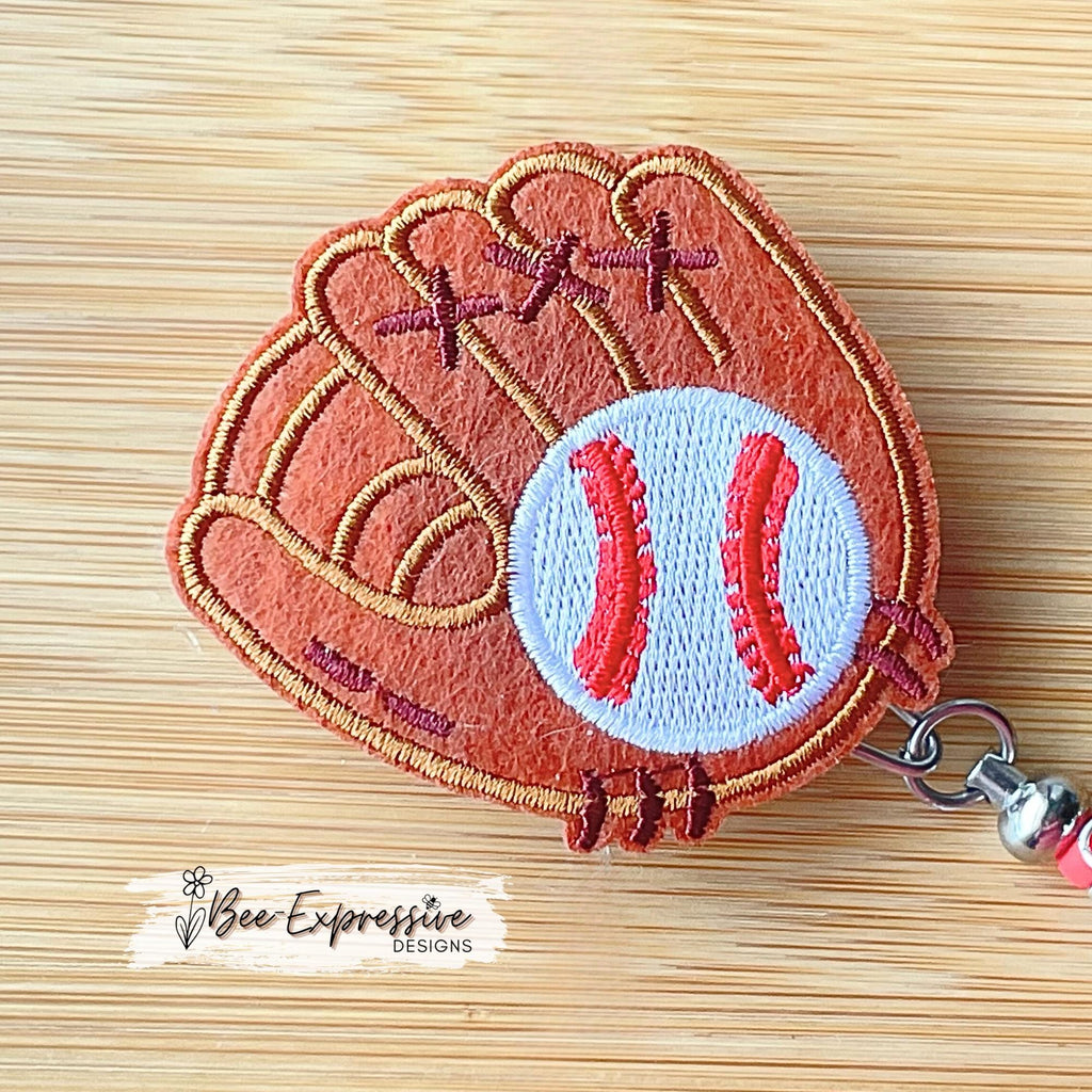 Beaded, BASEBALL badge reel! Metal clip & pull cable, bead bar, wood baseball bead, clear octagon beads, spacer beads, custom jersey number!