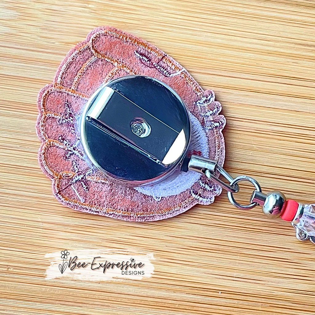 Beaded, BASEBALL badge reel! Metal clip & pull cable, bead bar, wood baseball bead, clear octagon beads, spacer beads, custom jersey number!