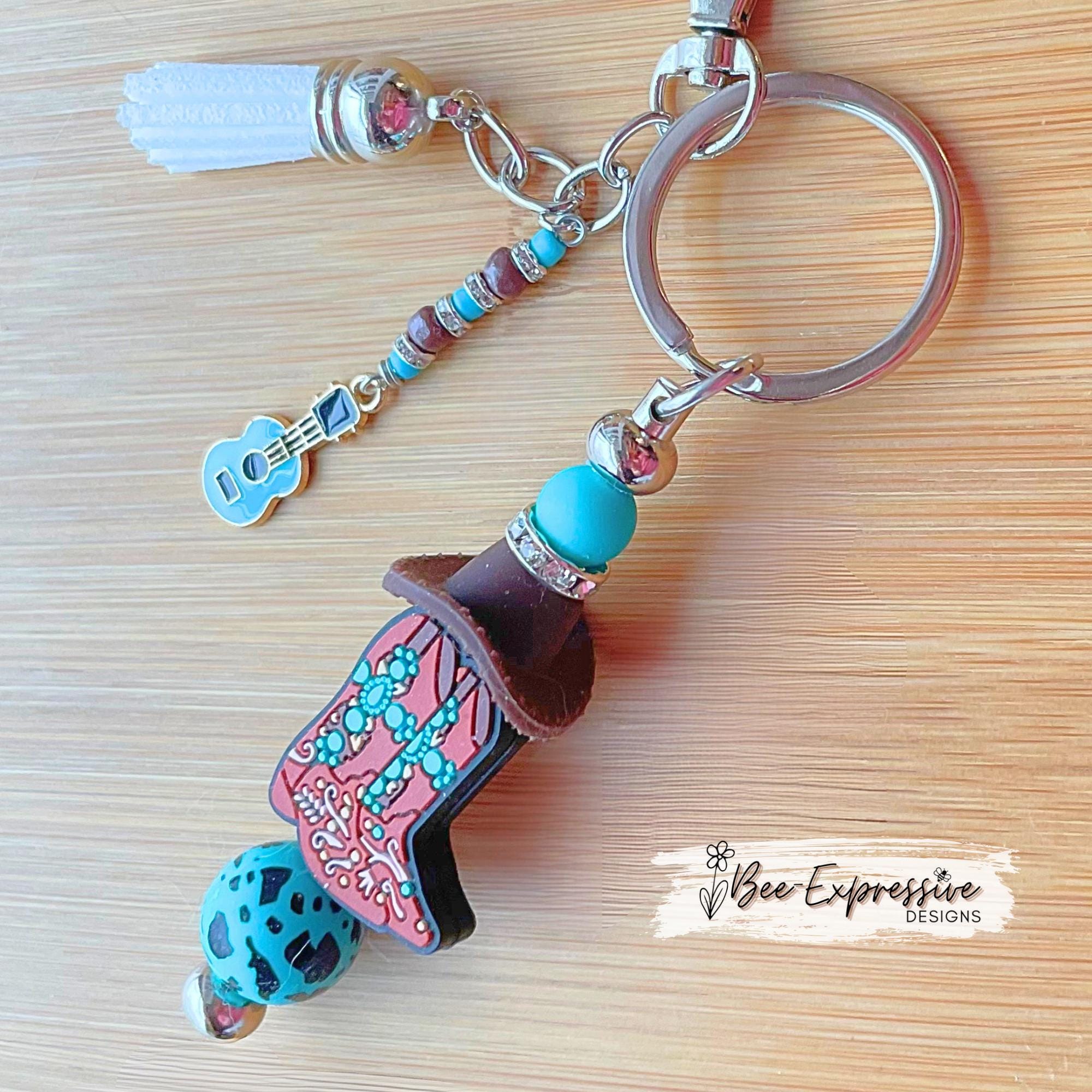 Beaded, western boots & cowboy HAT, keychain! Swivel clasp, silicone beads, animal print bead, acrylic beaded tassel with a guitar charm!