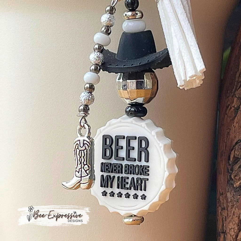 Tumbler charm, Beer Never Broke My Heart, Combs! Western cowboy hat, disco ball bead, bottle cap bead, beaded tassel, boot charm!
