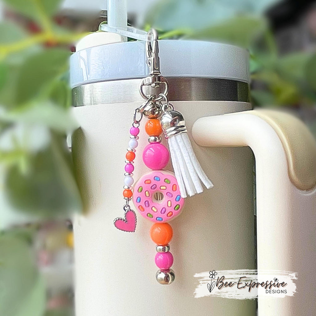 Beaded, D DUNKIN tumbler charm chains, SET! Swivel clasp with straw pick, donut, acrylic beads, spacers, beaded tassels with heart charms!