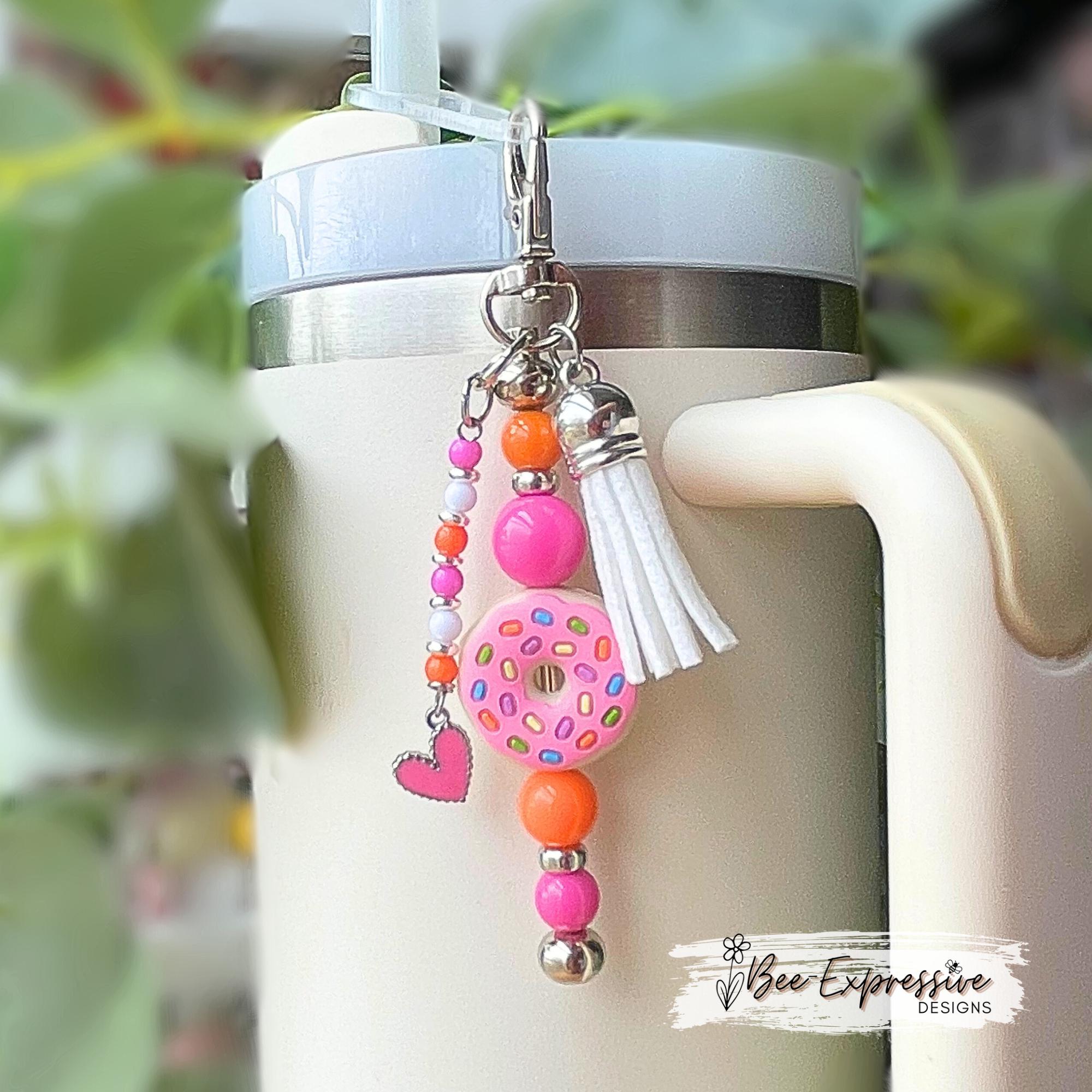 Beaded, D DUNKIN tumbler charm chains, SET! Swivel clasp with straw pick, donut, acrylic beads, spacers, beaded tassels with heart charms!
