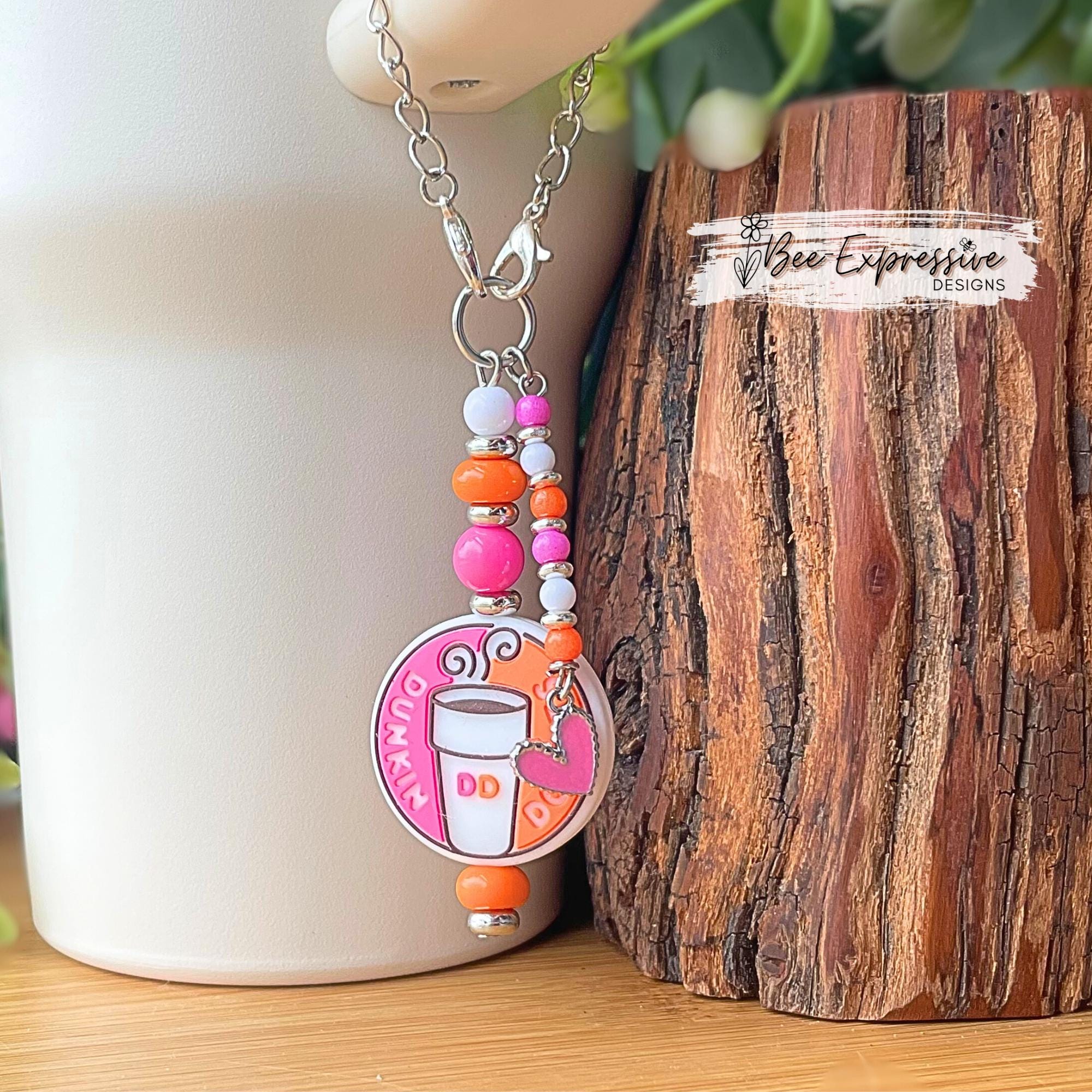 Beaded, D DUNKIN tumbler charm chains, SET! Swivel clasp with straw pick, donut, acrylic beads, spacers, beaded tassels with heart charms!