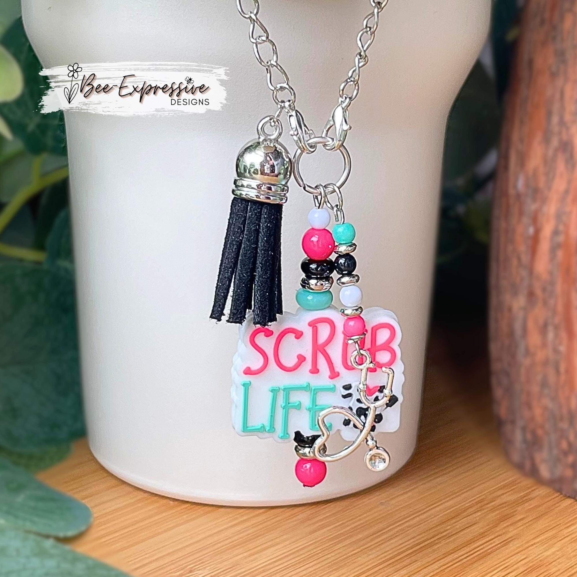 Handmade, SCRUB LIFE, tumbler charm chain or bag accessory! Acrylic beads, spacers, beaded tassel with stethoscope charm, black suede tassel