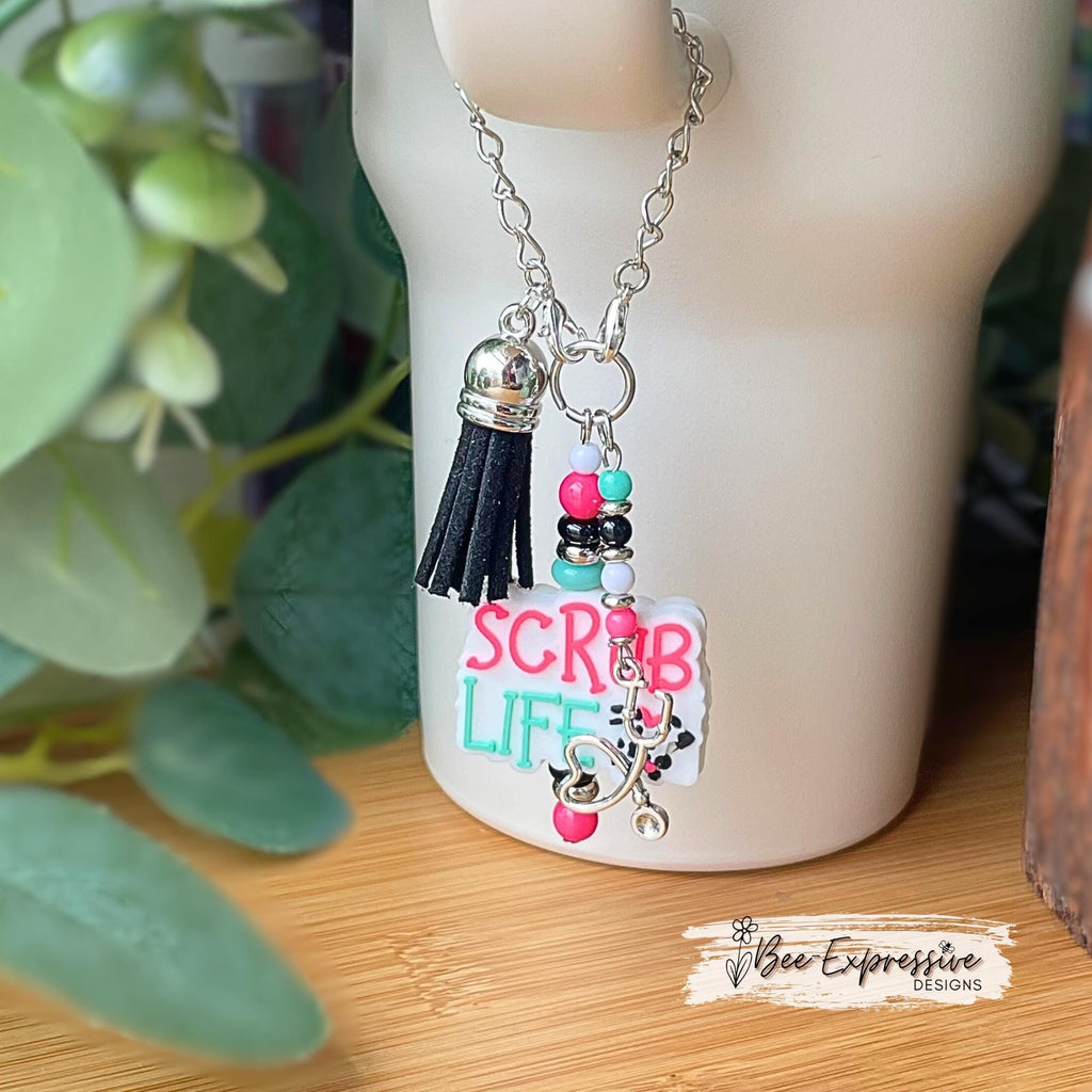 Handmade, SCRUB LIFE, tumbler charm chain or bag accessory! Acrylic beads, spacers, beaded tassel with stethoscope charm, black suede tassel
