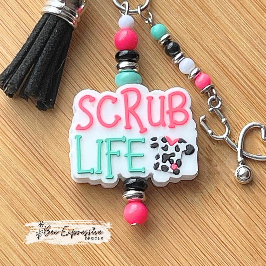 Handmade, SCRUB LIFE, tumbler charm chain or bag accessory! Acrylic beads, spacers, beaded tassel with stethoscope charm, black suede tassel