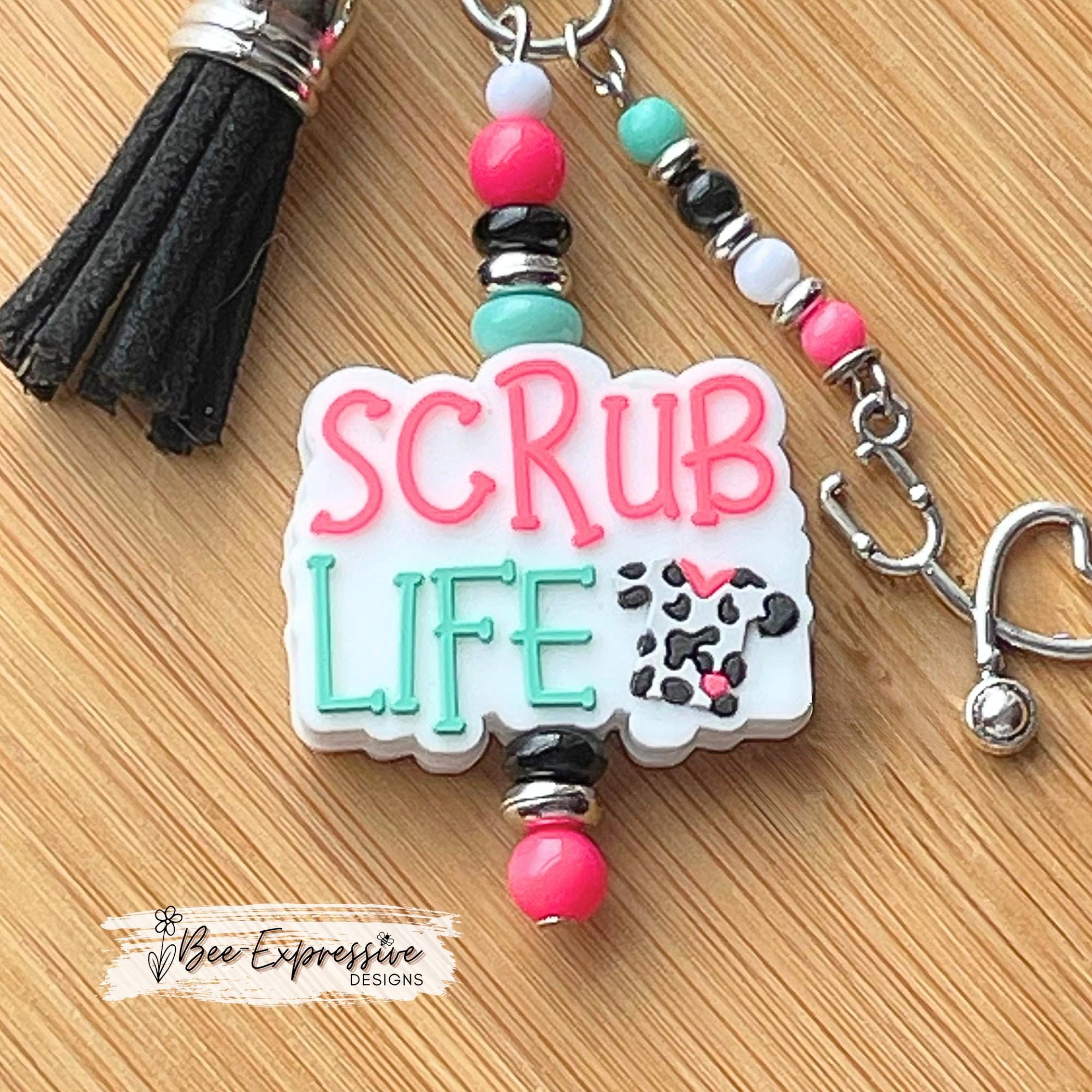 Handmade, SCRUB LIFE, tumbler charm chain or bag accessory! Acrylic beads, spacers, beaded tassel with stethoscope charm, black suede tassel