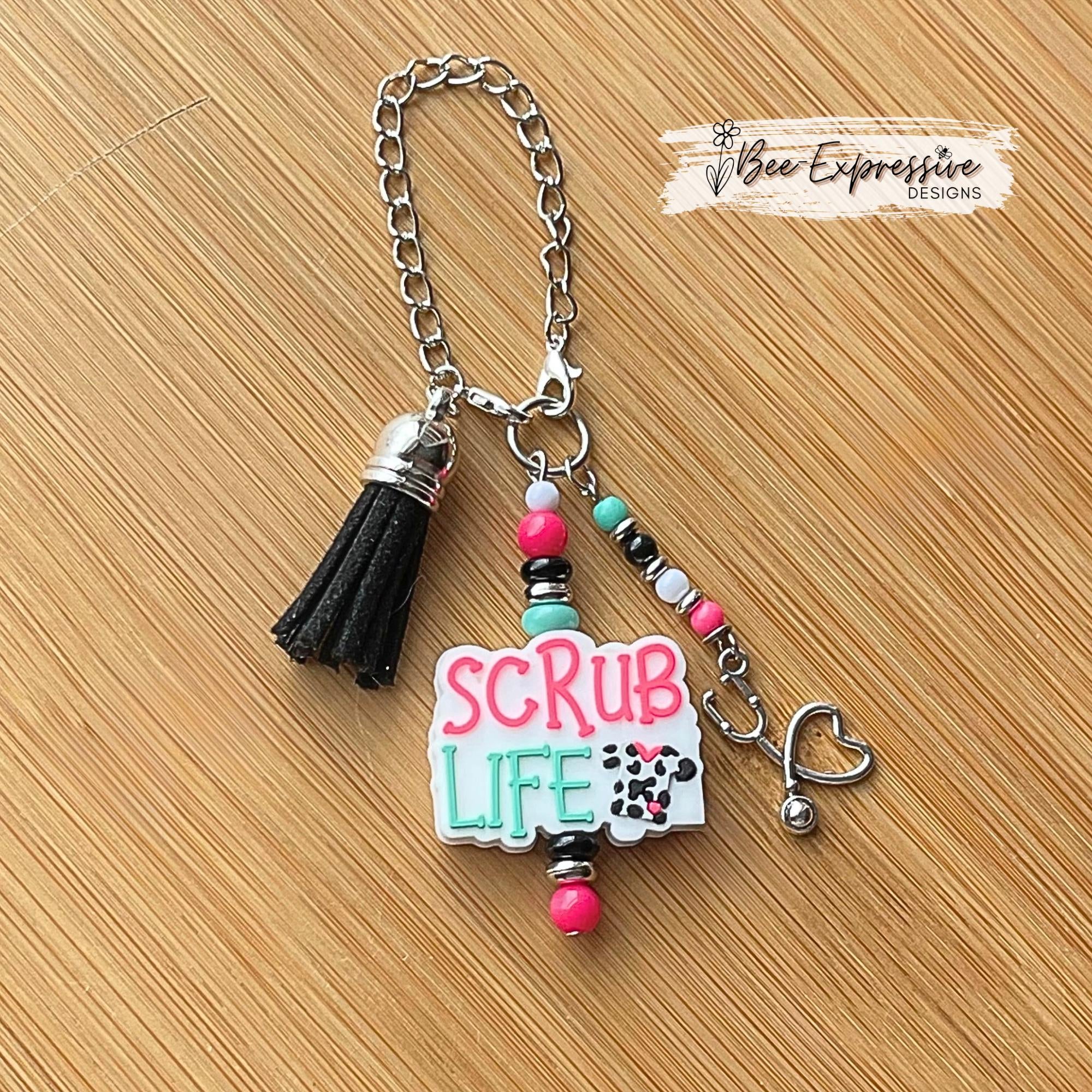 Handmade, SCRUB LIFE, tumbler charm chain or bag accessory! Acrylic beads, spacers, beaded tassel with stethoscope charm, black suede tassel