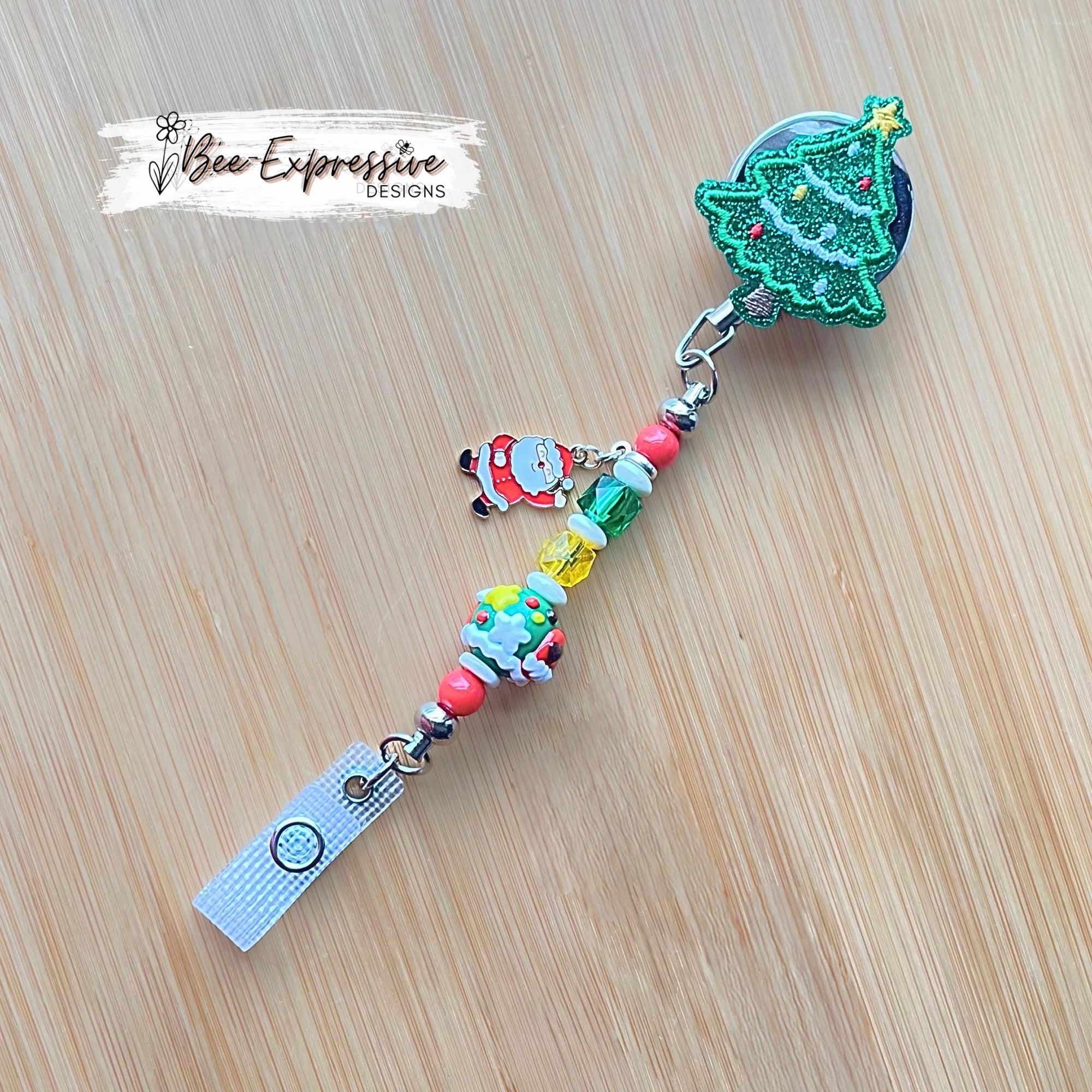 Christmas Tree, metal badge reel!  Acrylic beads, Santa Clause charm