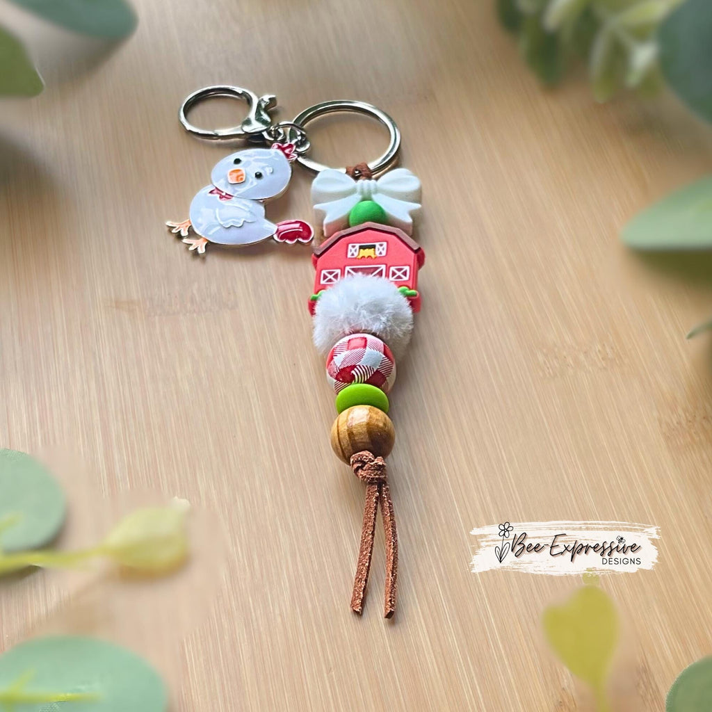 Silicone barn & bow keychain witch chicken charm! Lobster or swivel clasp, suede cord, fuzzy bead, gingham, wood beads, 2” chicken charm!