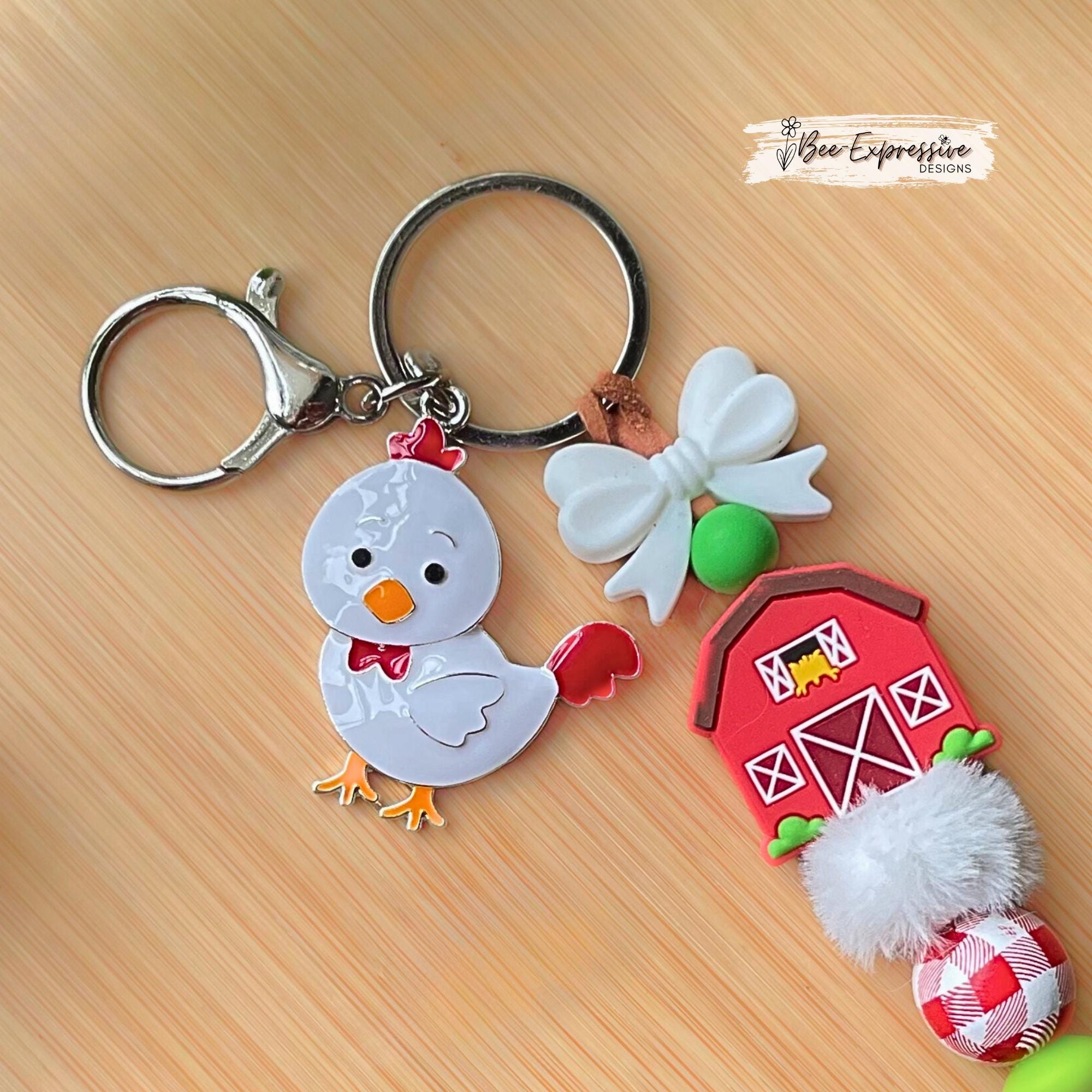 Silicone barn & bow keychain witch chicken charm! Lobster or swivel clasp, suede cord, fuzzy bead, gingham, wood beads, 2” chicken charm!