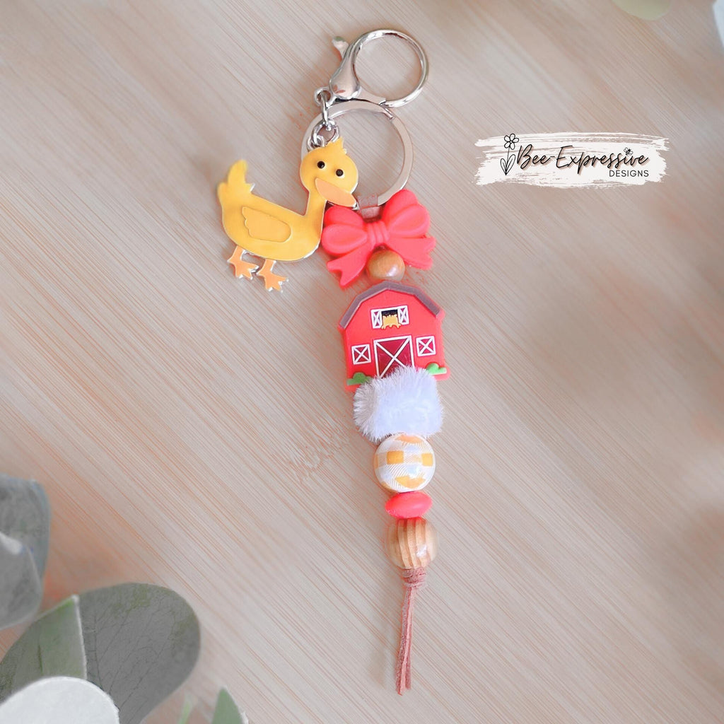 Beaded, silicone BARN and BOWTIE, metal duck charm, keychain! Lobster or swivel clasp, suede cord, gingham bead, furry and wood beads!