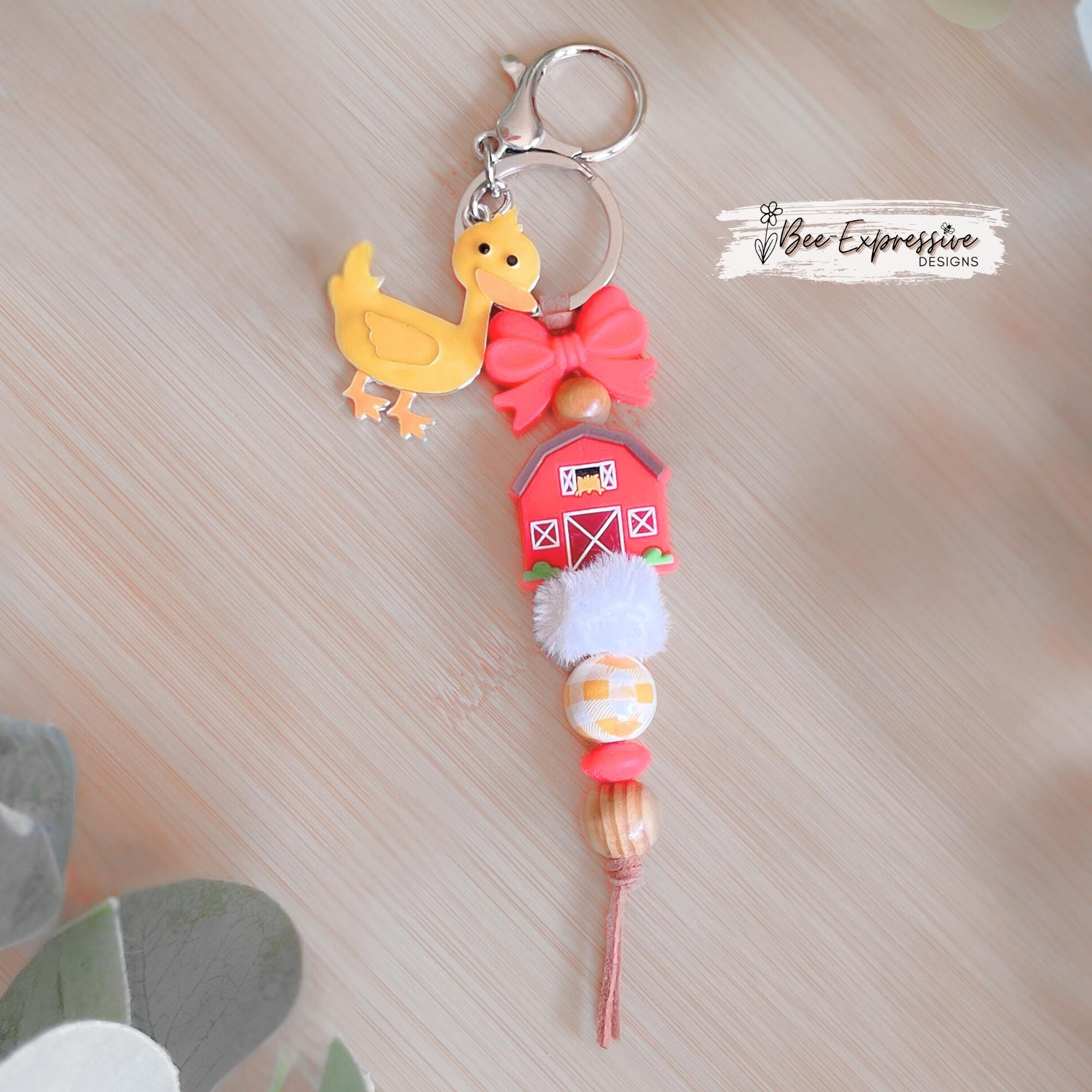 Beaded, silicone BARN and BOWTIE, metal duck charm, keychain! Lobster or swivel clasp, suede cord, gingham bead, furry and wood beads!