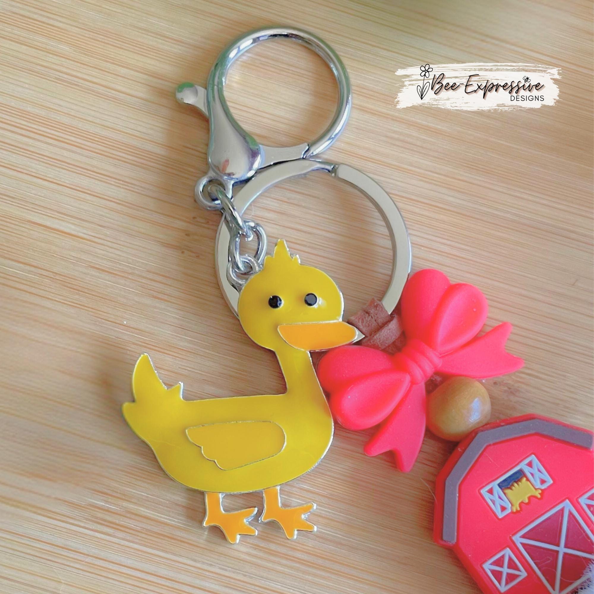 Beaded, silicone BARN and BOWTIE, metal duck charm, keychain! Lobster or swivel clasp, suede cord, gingham bead, furry and wood beads!