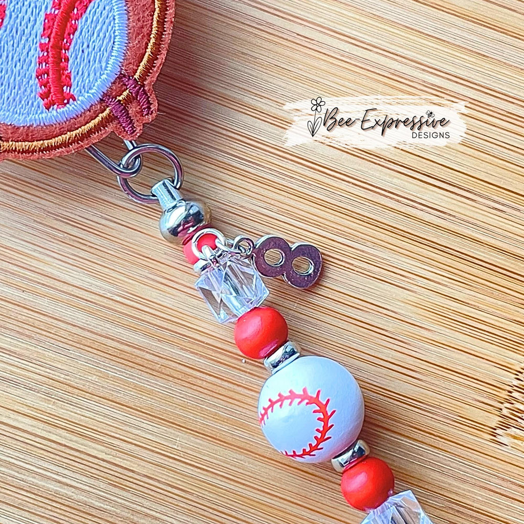 Beaded, BASEBALL badge reel! Metal clip & pull cable, bead bar, wood baseball bead, clear octagon beads, spacer beads, custom jersey number!
