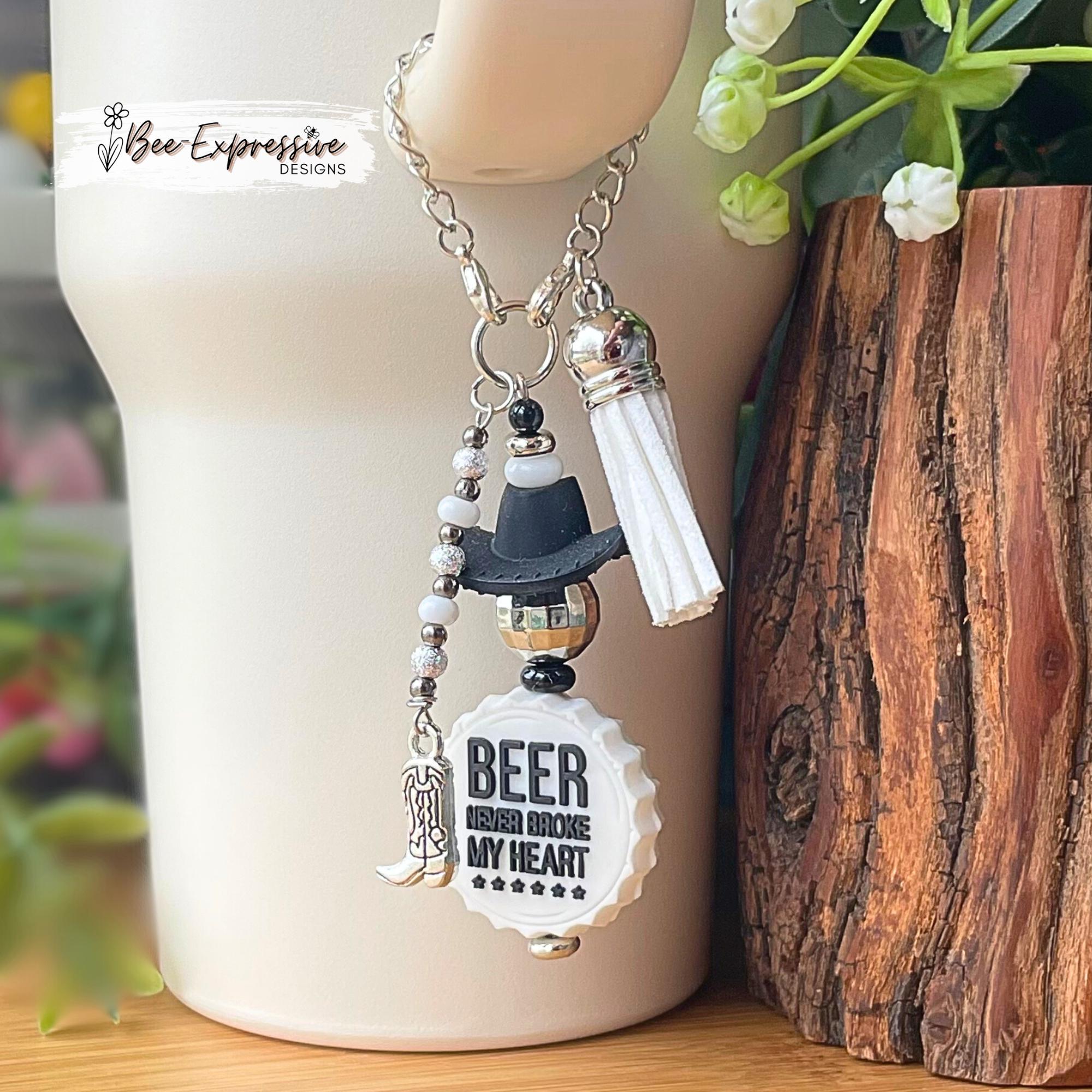 Tumbler charm, Beer Never Broke My Heart, Combs! Western cowboy hat, disco ball bead, bottle cap bead, beaded tassel, boot charm!
