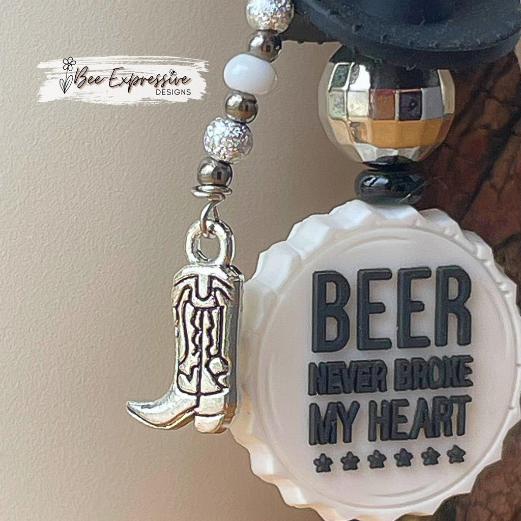 Tumbler charm, Beer Never Broke My Heart, Combs! Western cowboy hat, disco ball bead, bottle cap bead, beaded tassel, boot charm!